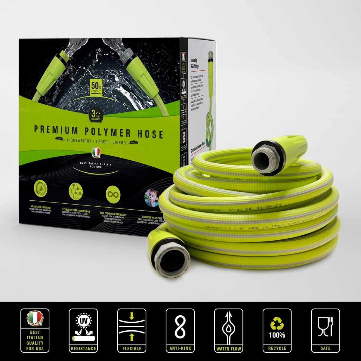 It's Light Polymer Garden Hose 5/8 in. X 50ft., Ultralight, Drinking Water Safe, Heavy Duty, Anti Kink structure, UV tested, Acid Green