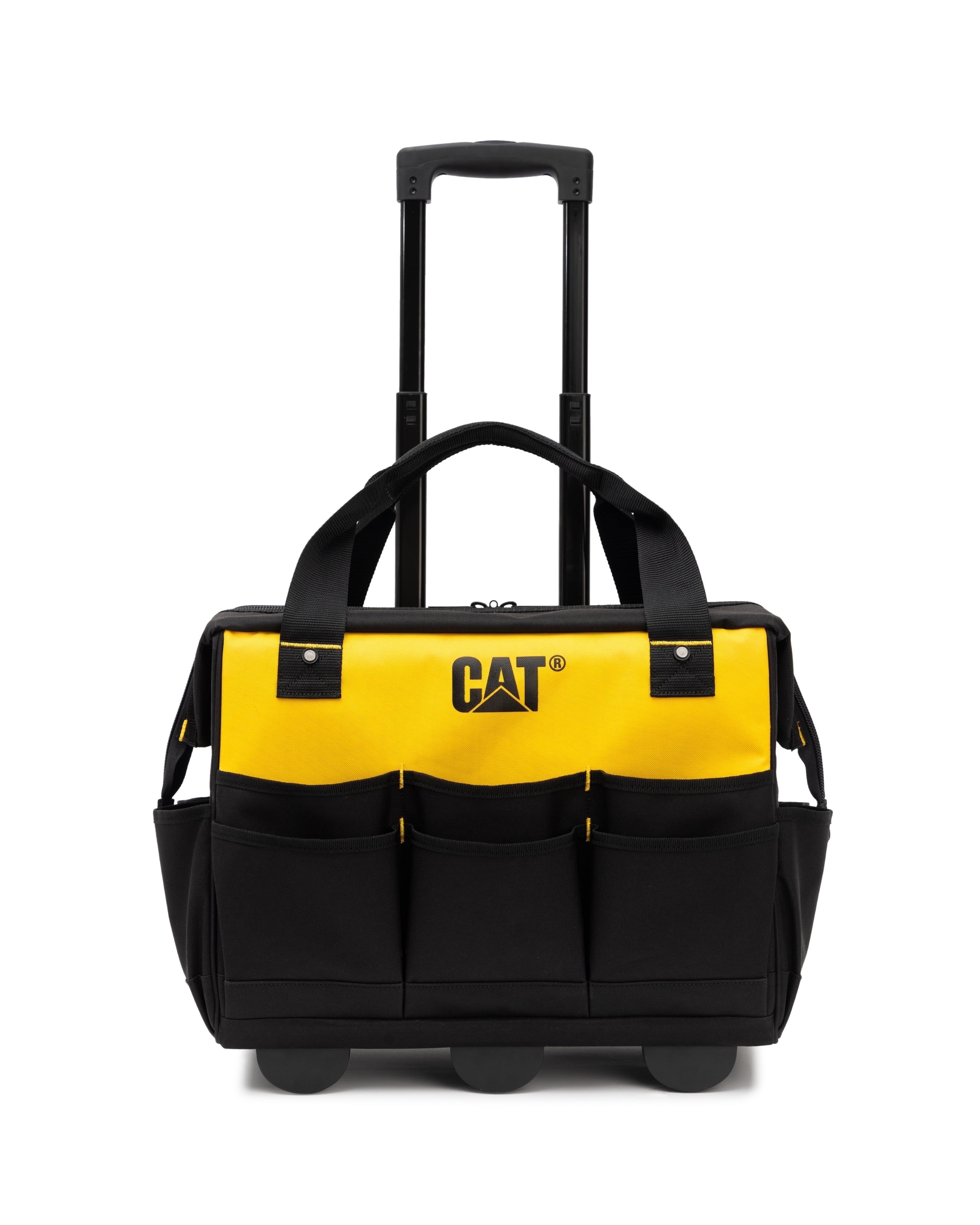 Tool storage, 18 in., 16 pockets, Black and yellow, 600-D Polyester, Rolling tote bag , Heavy duty trolley and wheels