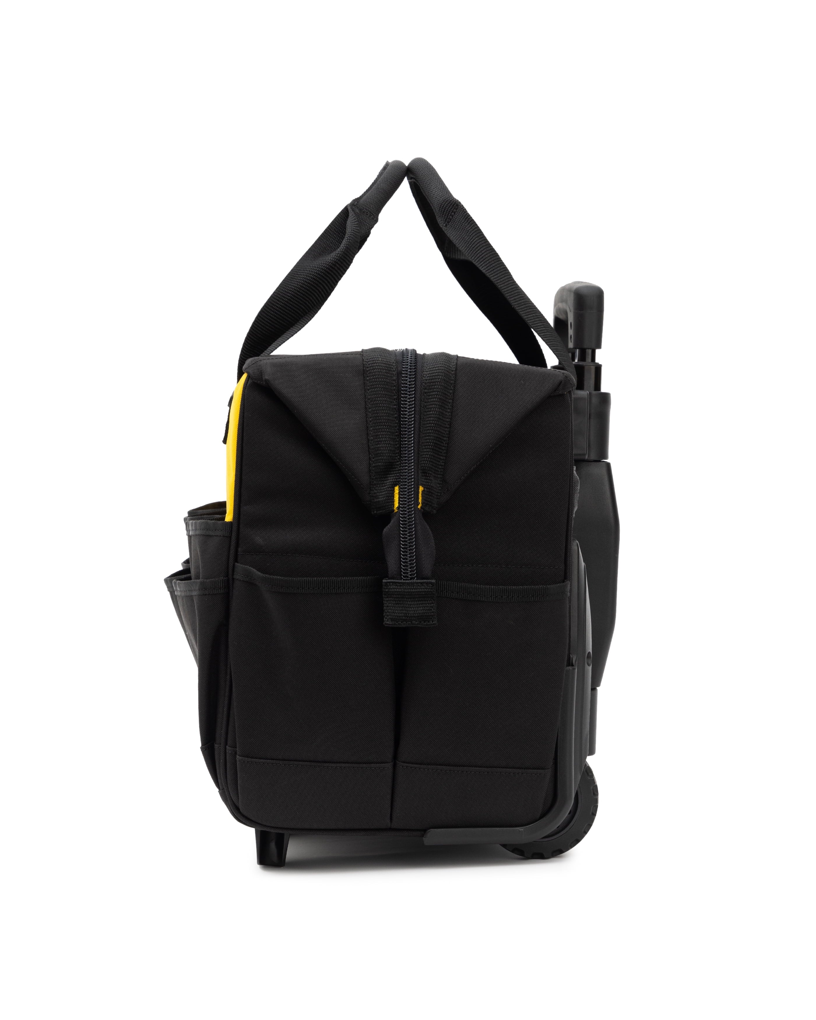 Tool storage, 18 in., 16 pockets, Black and yellow, 600-D Polyester, Rolling tote bag , Heavy duty trolley and wheels