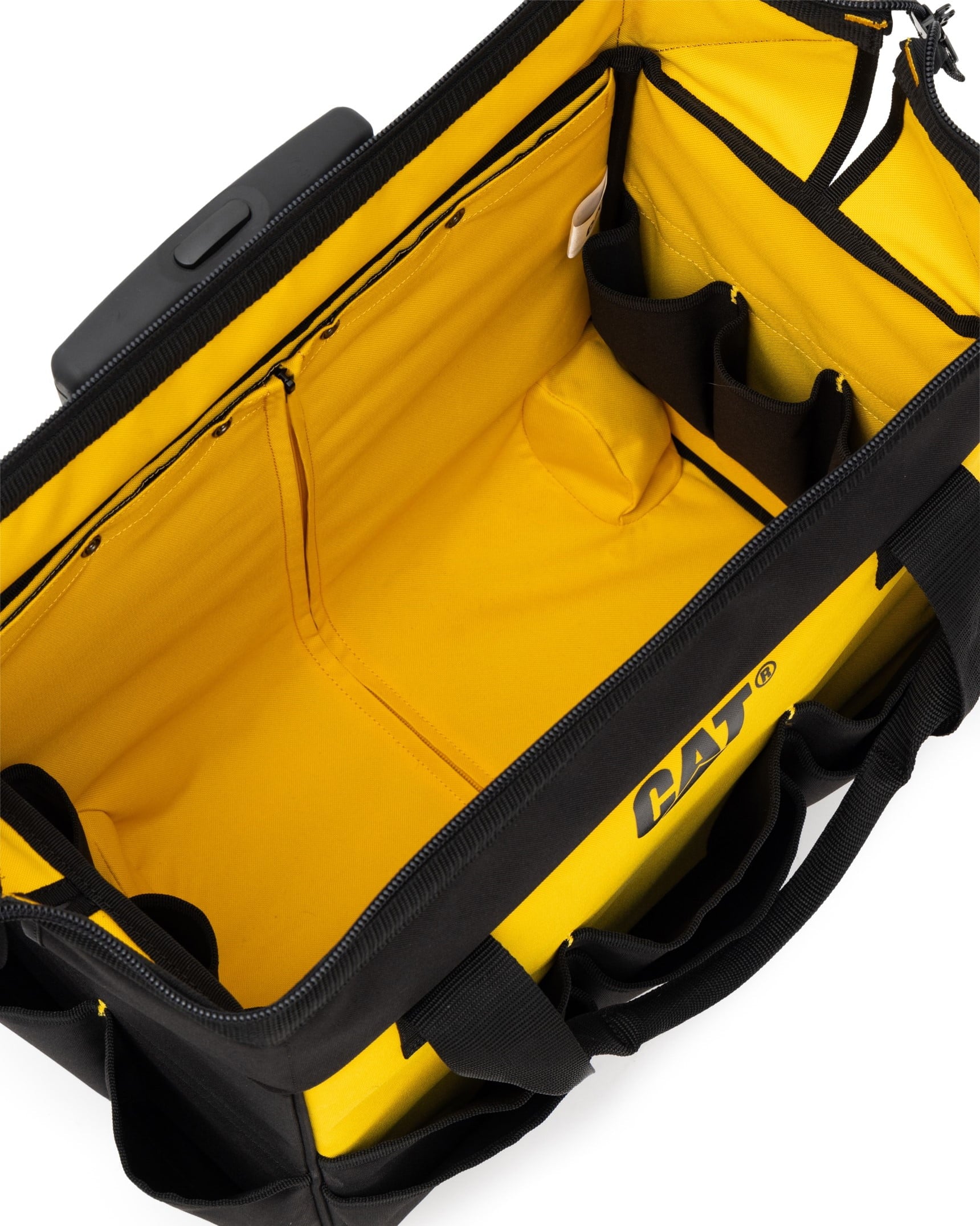 Tool storage, 18 in., 16 pockets, Black and yellow, 600-D Polyester, Rolling tote bag , Heavy duty trolley and wheels