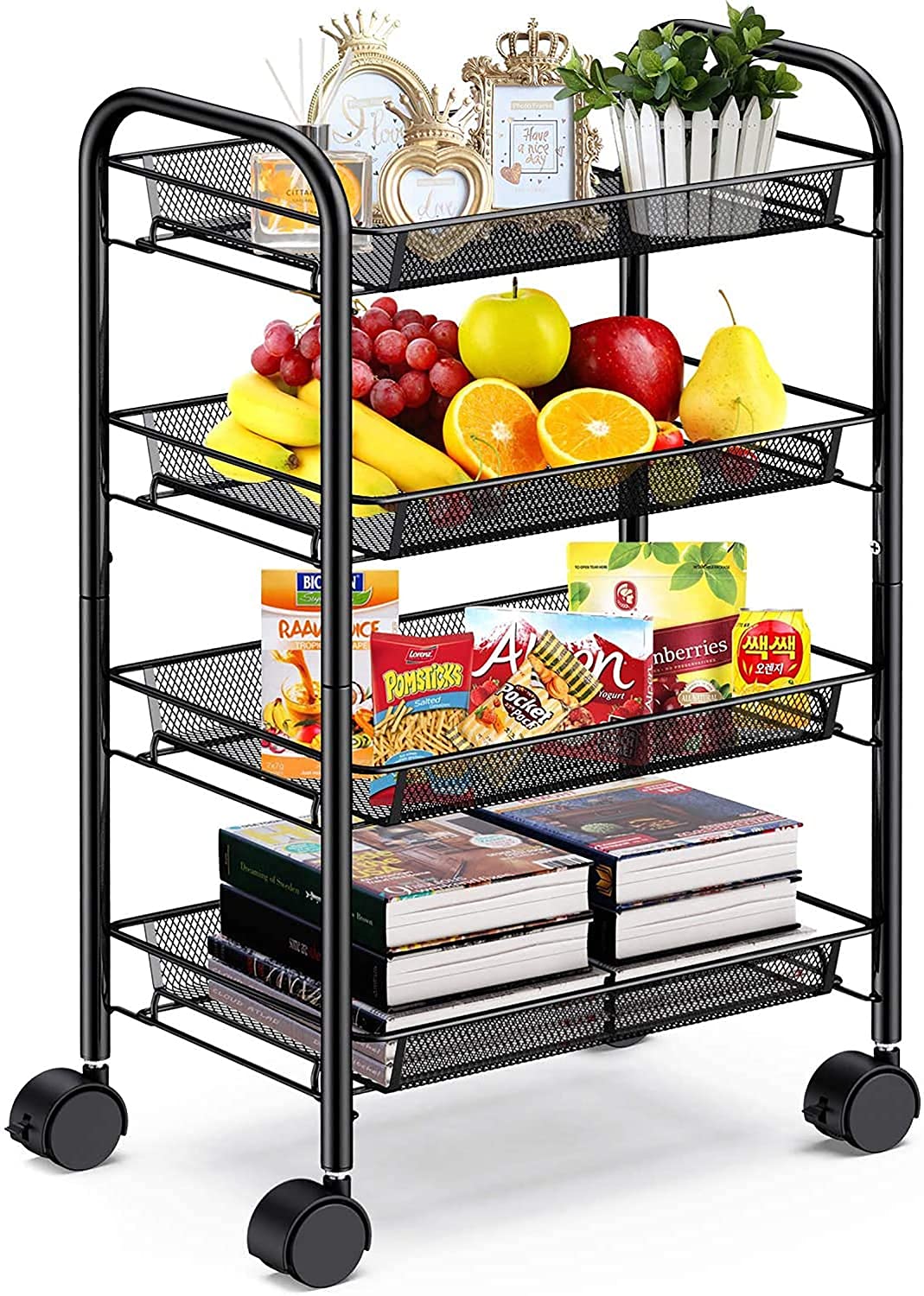 Simpli-Magic 4-Tier Rolling Cart with 4 Metal Baskets & 4 Wheels, 11" x 15.3" x 32" Storage Cart