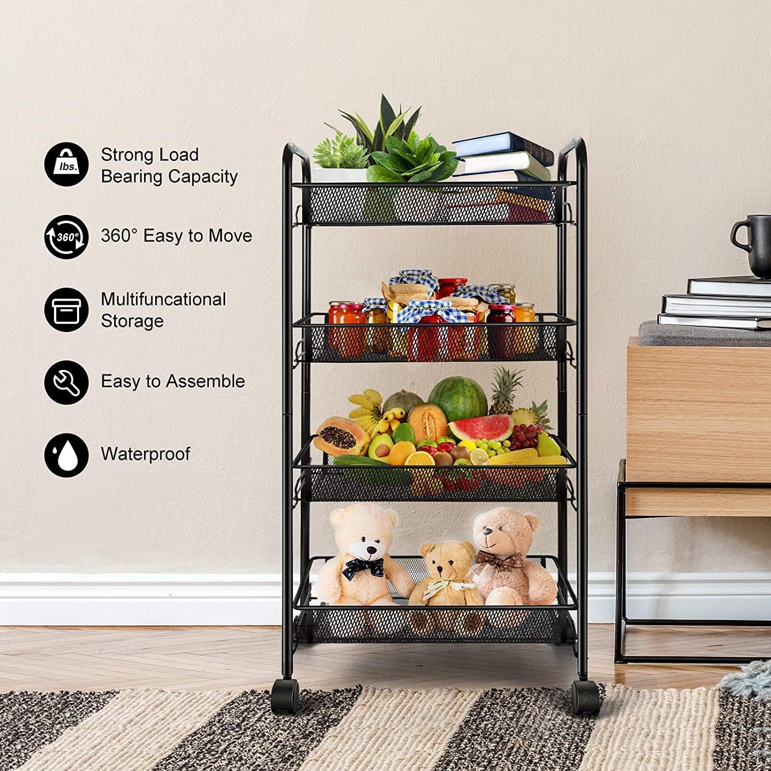 Simpli-Magic 4-Tier Rolling Cart with 4 Metal Baskets & 4 Wheels, 11" x 15.3" x 32" Storage Cart