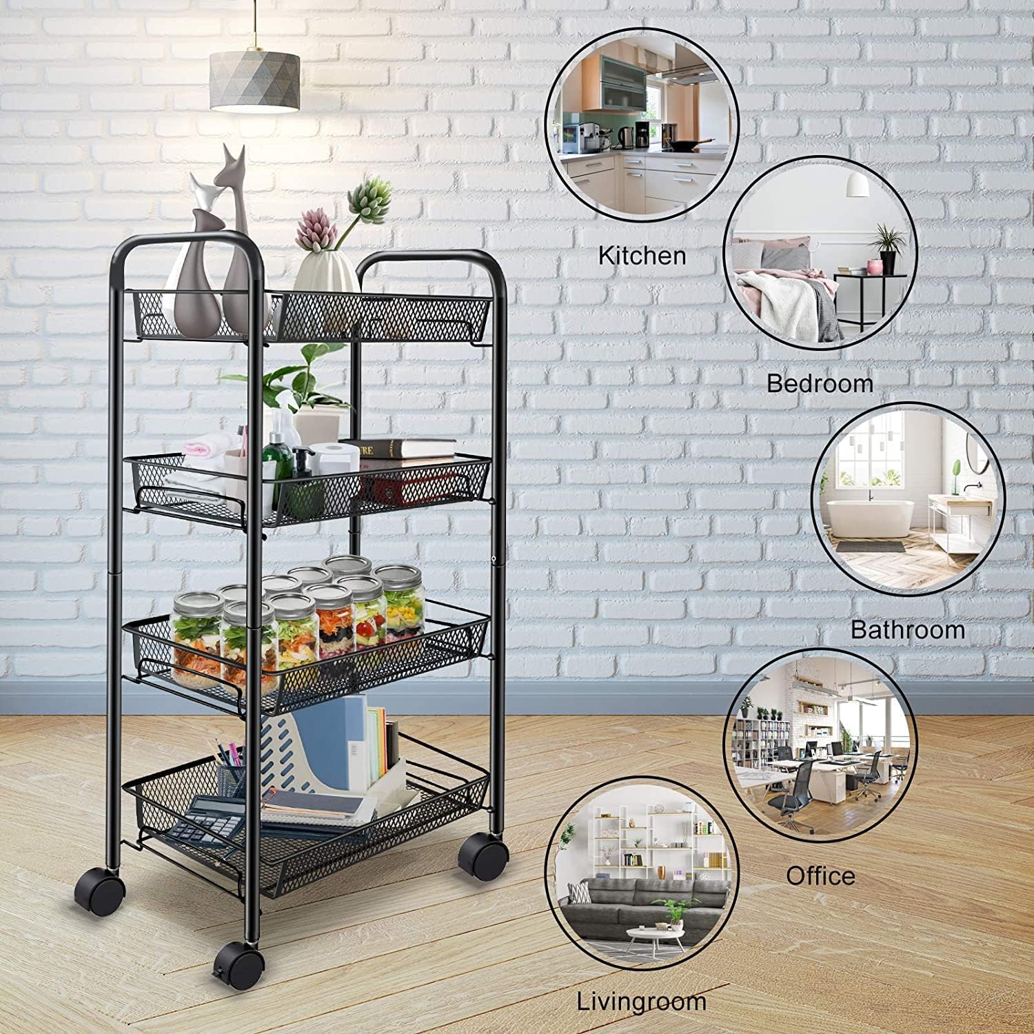 Simpli-Magic 4-Tier Rolling Cart with 4 Metal Baskets & 4 Wheels, 11" x 15.3" x 32" Storage Cart