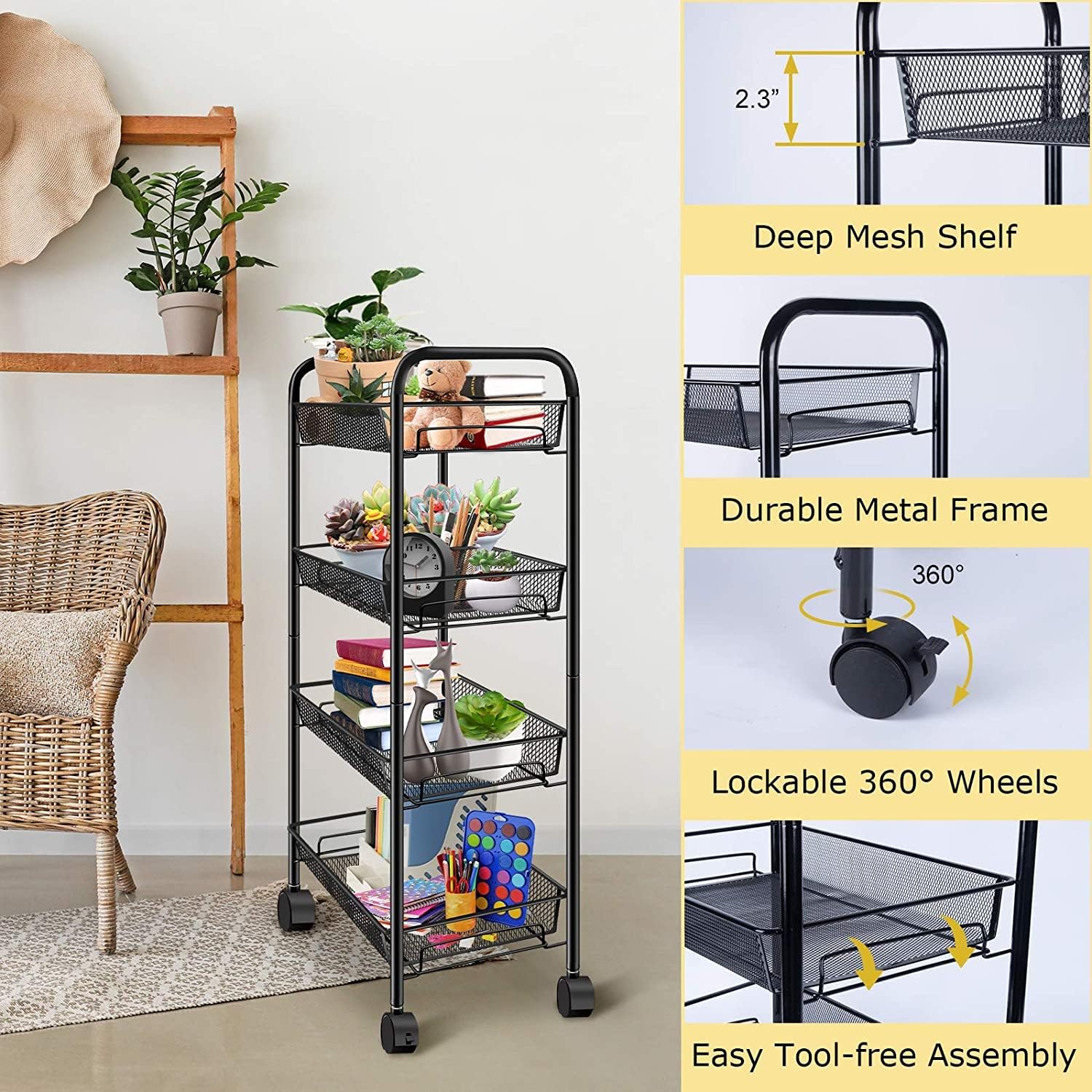 Simpli-Magic 4-Tier Rolling Cart with 4 Metal Baskets & 4 Wheels, 11" x 15.3" x 32" Storage Cart