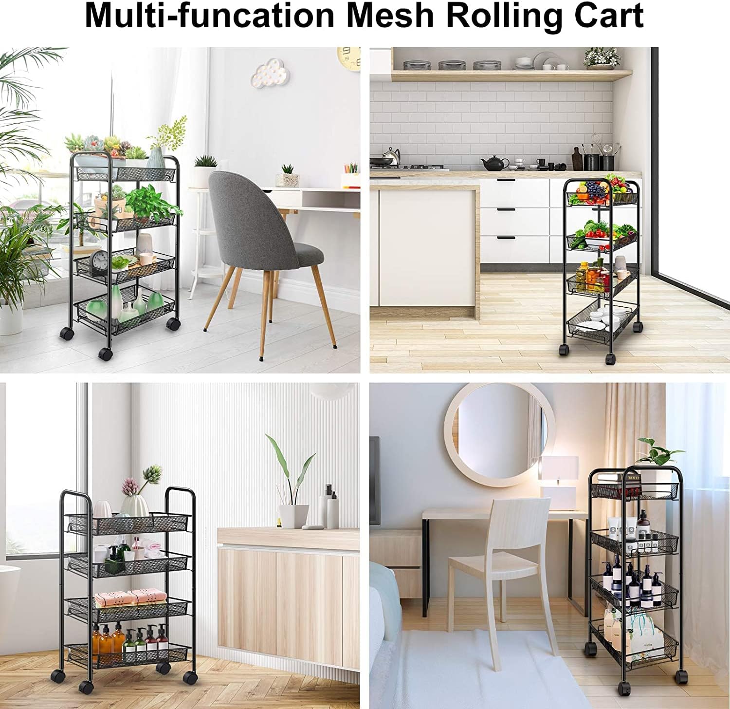 Simpli-Magic 4-Tier Rolling Cart with 4 Metal Baskets & 4 Wheels, 11" x 15.3" x 32" Storage Cart