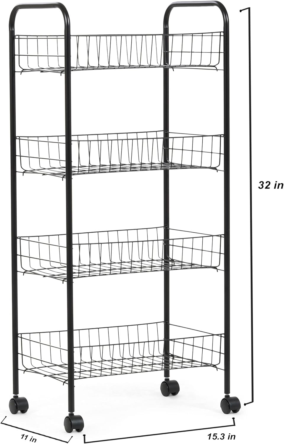 Simpli-Magic 4-Tier Rolling Cart with 4 Metal Baskets & 4 Wheels, 11" x 15.3" x 32" Storage Cart