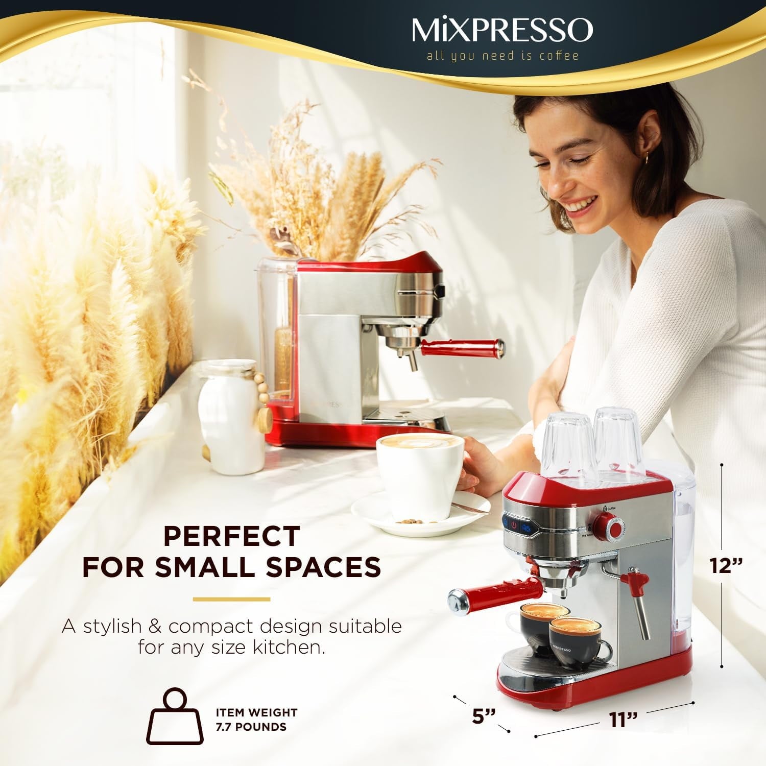 Mixpresso 15-Bar Automatic Espresso Machine with Milk Frother, 37 Oz, Red