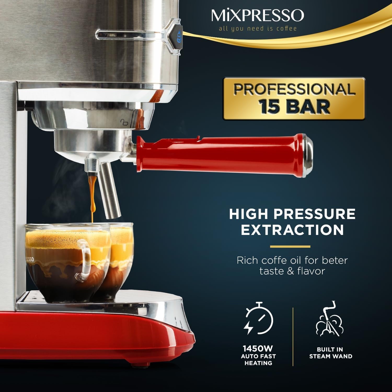 Mixpresso 15-Bar Automatic Espresso Machine with Milk Frother, 37 Oz, Red