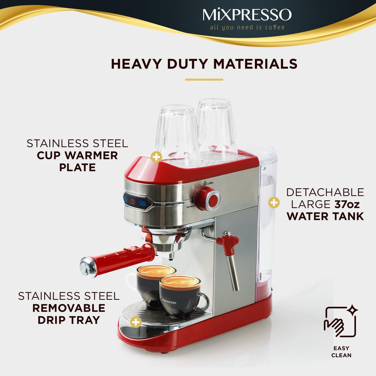 Mixpresso 15-Bar Automatic Espresso Machine with Milk Frother, 37 Oz, Red w/ Wood Handle