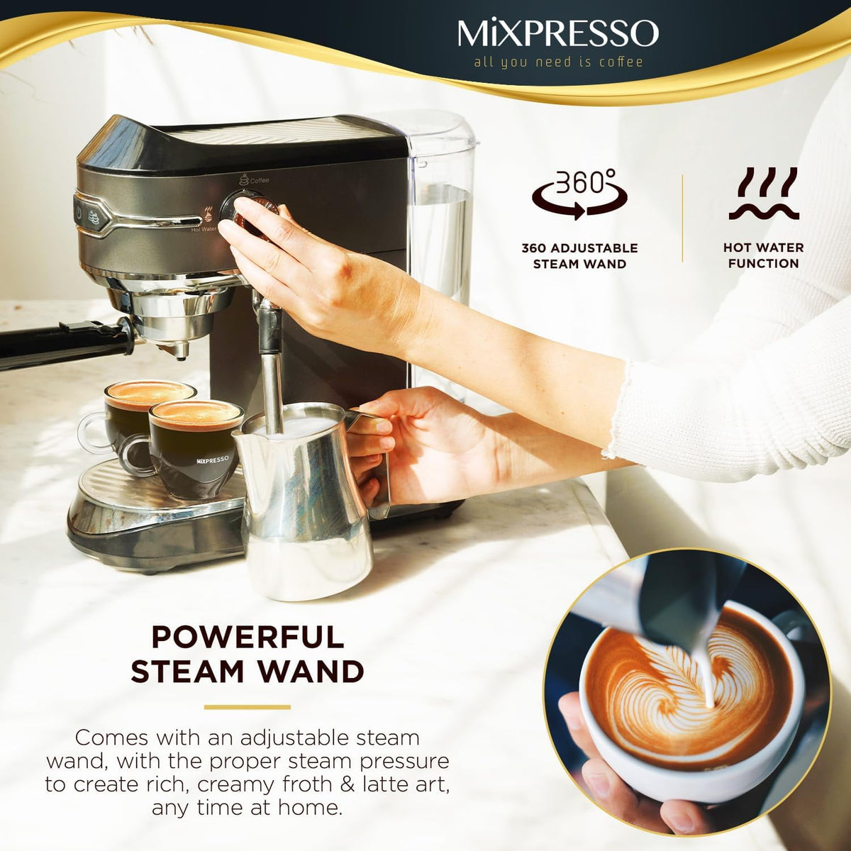 Mixpresso 15-Bar Automatic Espresso Machine with Milk Frother, 37 Oz, Red w/ Wood Handle