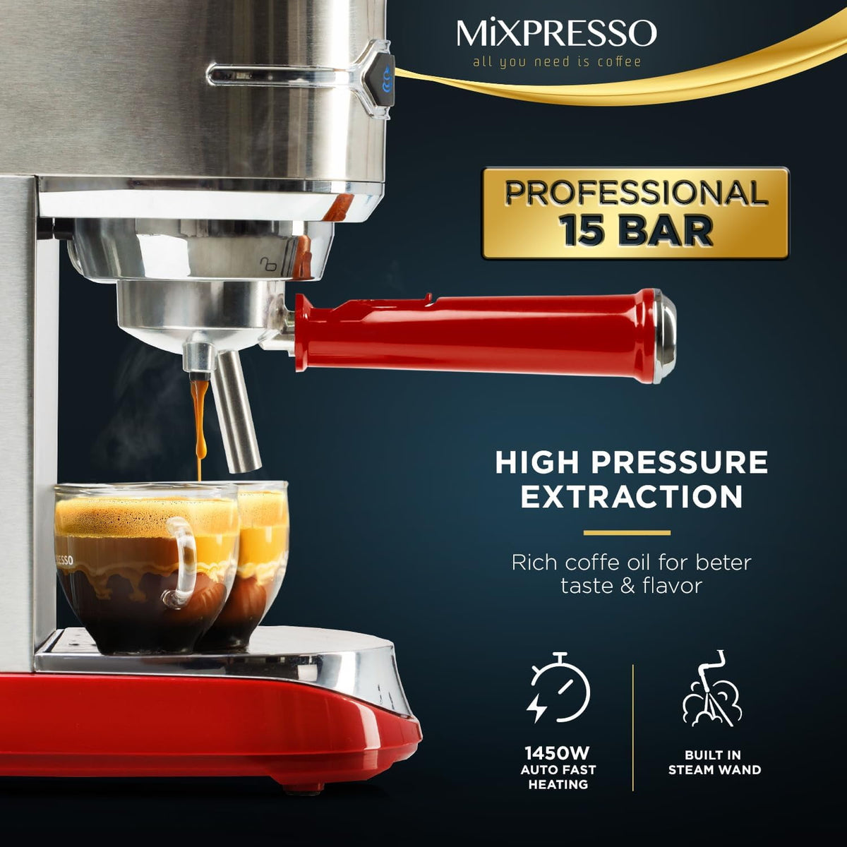 Mixpresso 15-Bar Automatic Espresso Machine with Milk Frother, 37 Oz, Red w/ Wood Handle