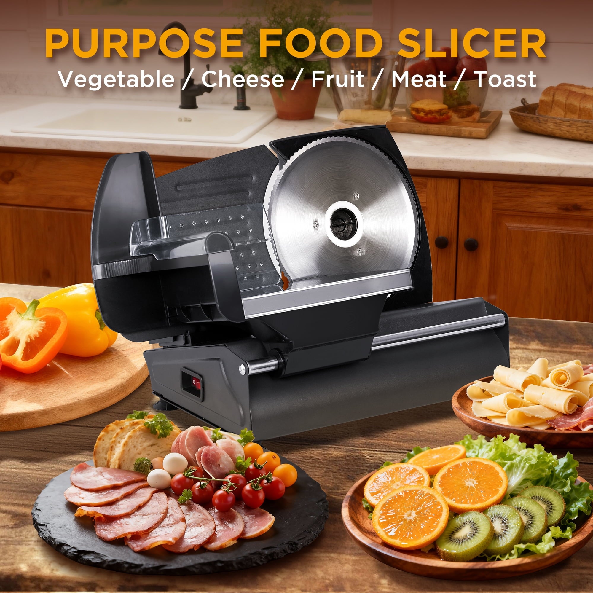 Valley Sportsman 7.5" Electric Meat Slicer w/Stainless Blade, 180W & Adjustable Thickness, Cuts Meat/Bread/Cheese