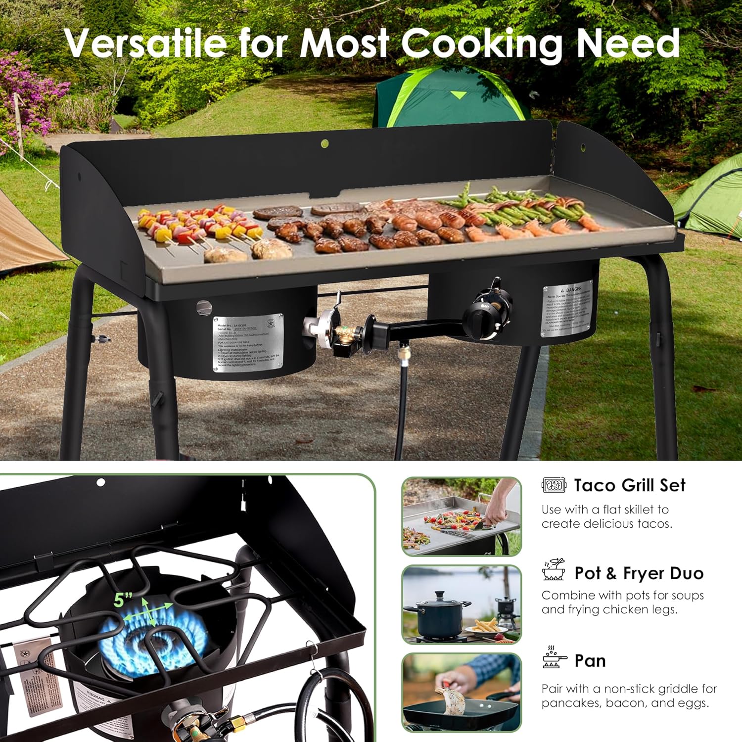 Red Mountain Valley Two Burner Outdoor Portable Camping Gas Stove with Removable Legs, Carrying Bag and Windshield, Camping Stove Propane for Cooking, CSA Certified, Outdoor Propane Burner 2 stove