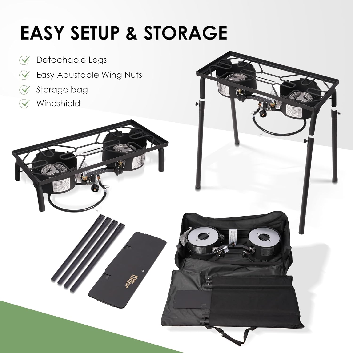 Red Mountain Valley Two Burner Outdoor Portable Camping Gas Stove with Removable Legs, Carrying Bag and Windshield, Camping Stove Propane for Cooking, CSA Certified, Outdoor Propane Burner 2 stove