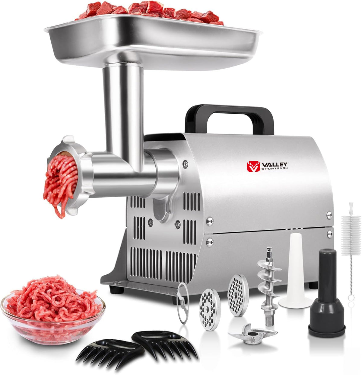 Valley Sportsman #8 Stainless Steel Electric Meat Grinder, 0.4 HP 300W, Copper Motor, Heavy Duty Industrial Meat Grinder, Ideal for Commercial and Regular Use