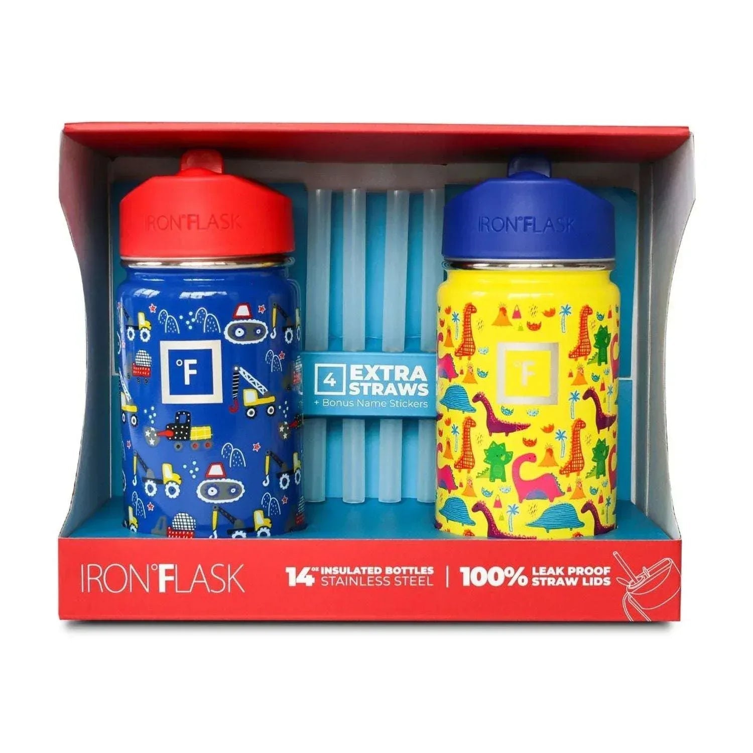 Iron Flask Kids 14-oz Steel Insulated Water Bottles, 2 Pack, Construction Zone & Dino Mates