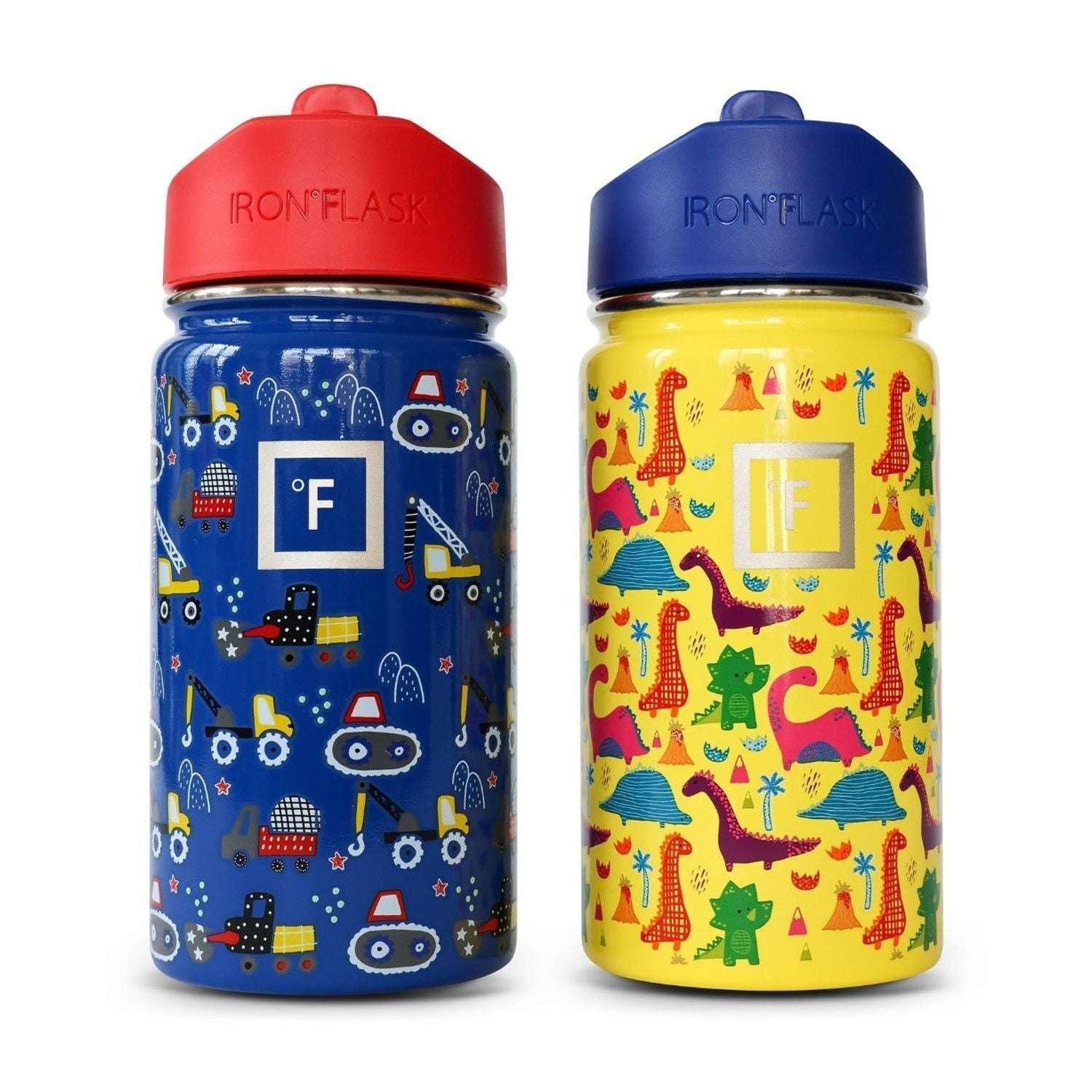 Iron Flask Kids 14-oz Steel Insulated Water Bottles, 2 Pack, Construction Zone & Dino Mates