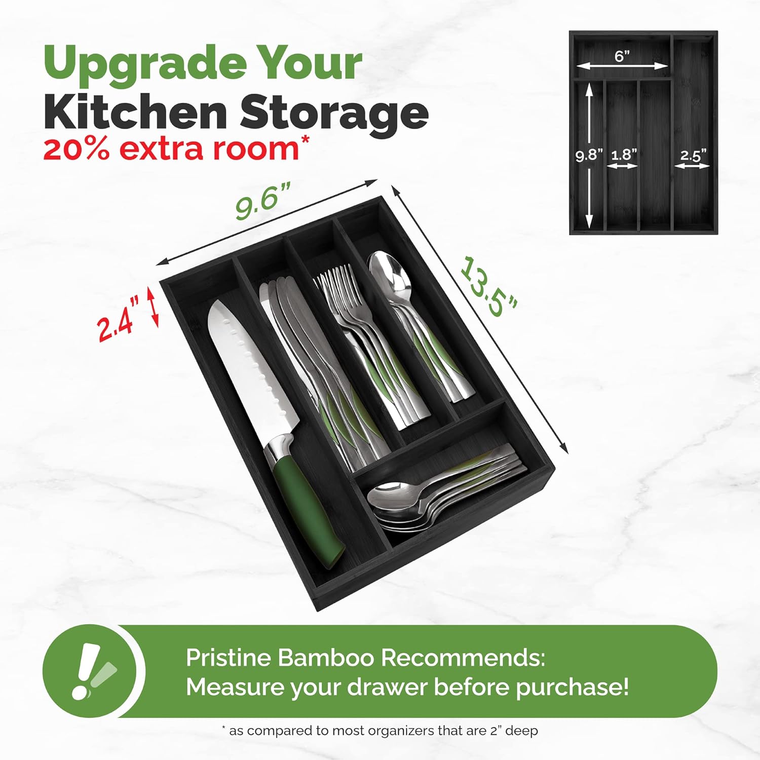 Pristine Bamboo Silverware Organizer - Kitchen Drawer Organizer and Kitchenware Organizer - Cutlery Tray - Cutlery, Utensil and Silverware Holder - Silverware Drawer Drawer (5-Slots, Black)