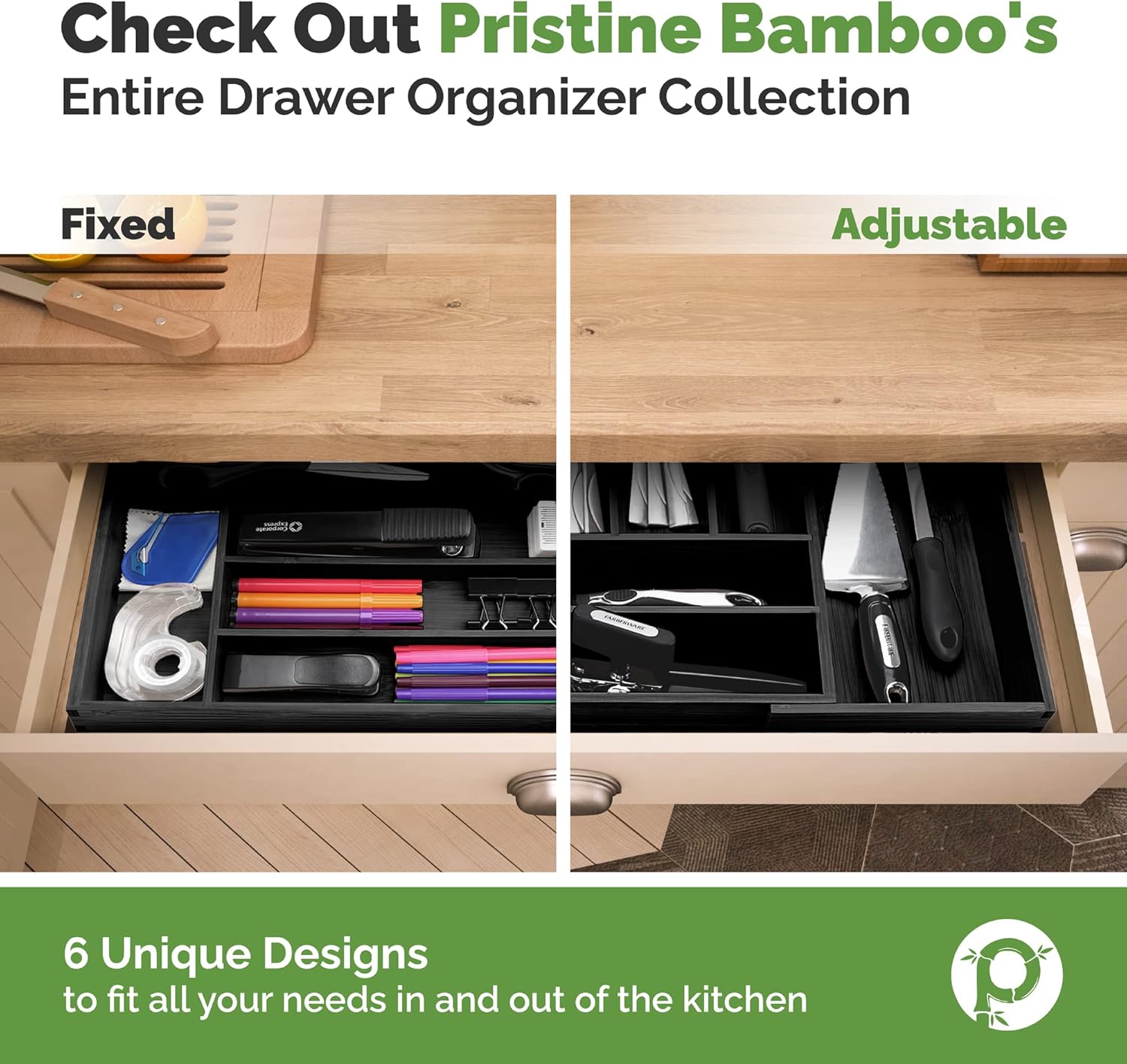 Pristine Bamboo Silverware Organizer - Kitchen Drawer Organizer and Kitchenware Organizer - Cutlery Tray - Cutlery, Utensil and Silverware Holder - Silverware Drawer Drawer (5-Slots, Black)
