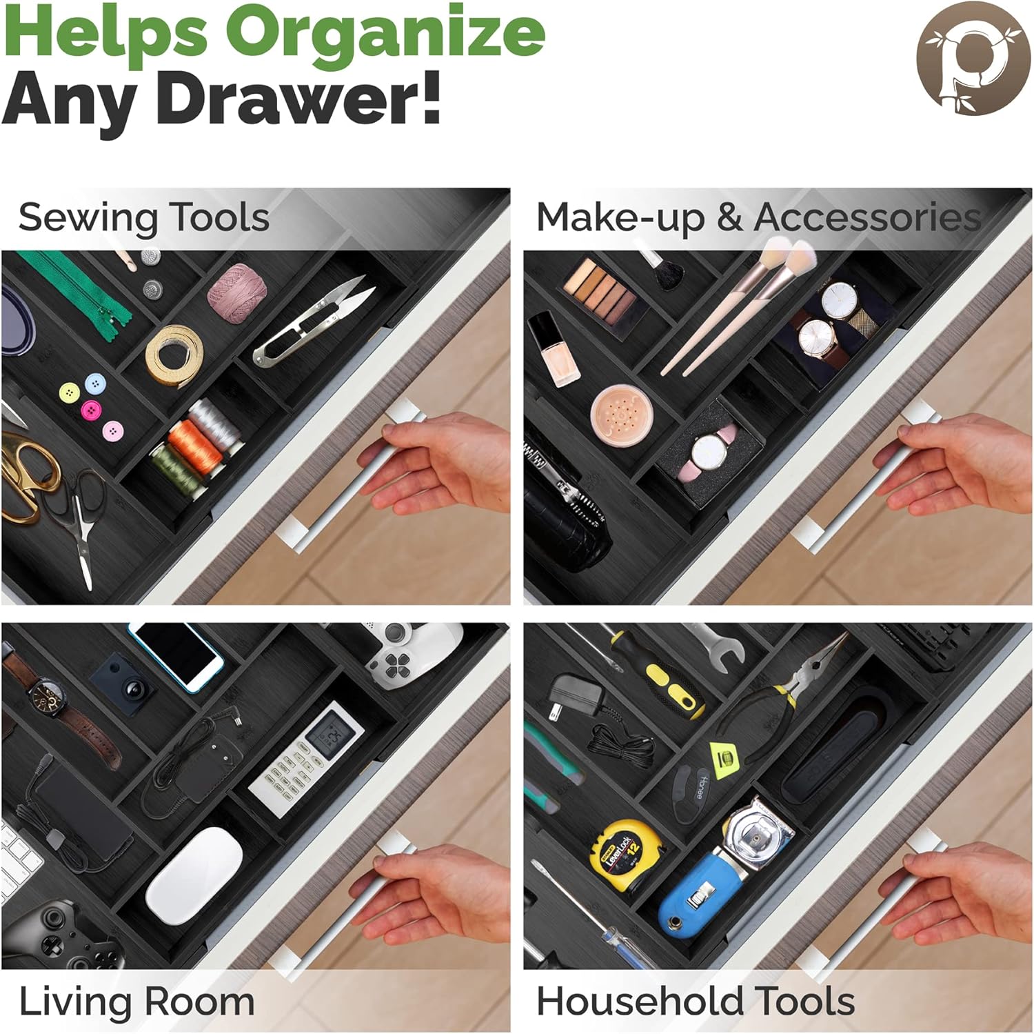Pristine Bamboo Silverware Organizer - Expandable Kitchen Drawer Organizer - Adjustable Kitchen Drawer Organizer for Utensils, Expandable to 25 Inches Wide, 10 Slots - Black