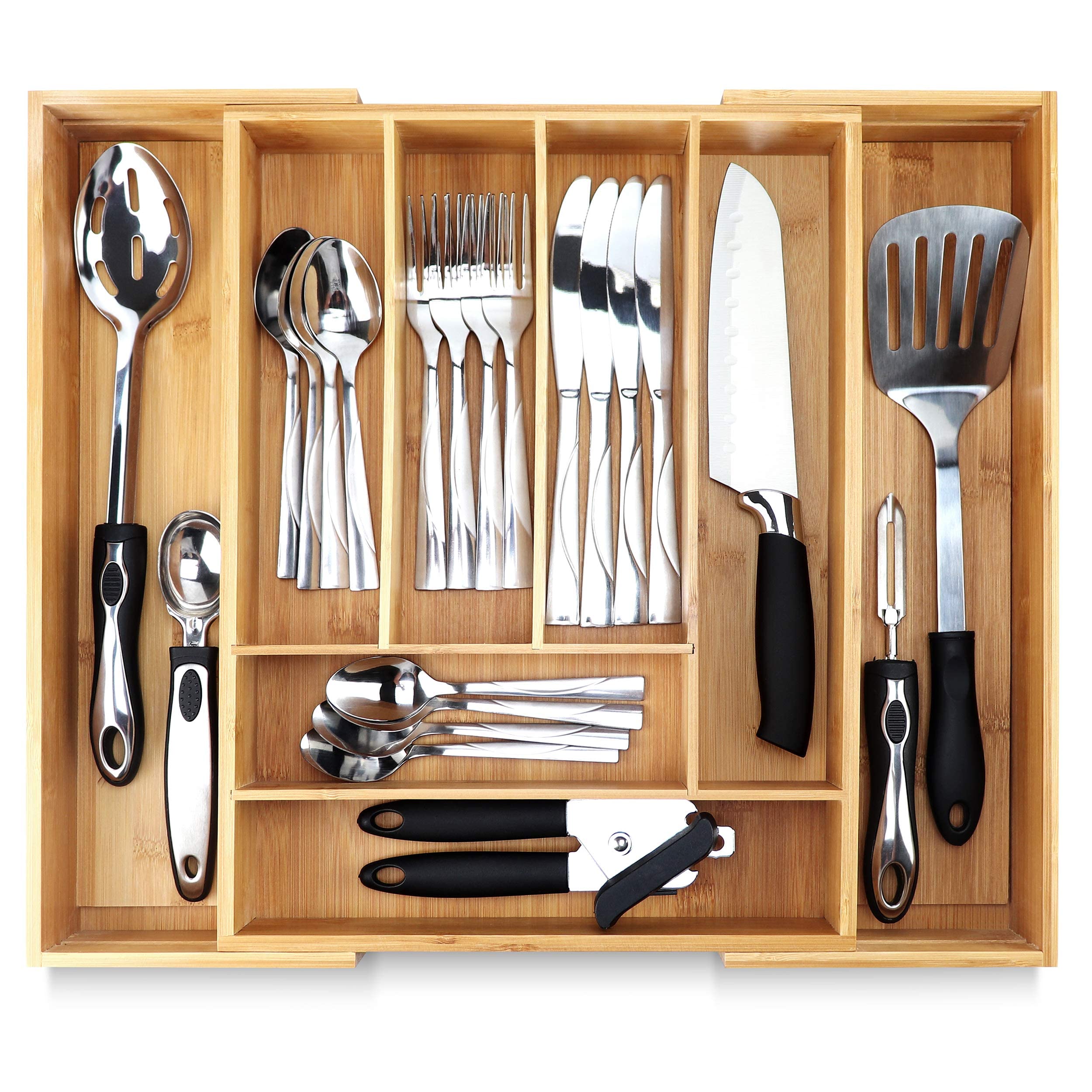Pristine Bamboo Silverware Tray for Drawer Organizer, Kitchen Drawer Organizer, Cutlery Organizer in Drawer, Flatware Silverware Holder, Expandable Adjustable Wooden Dividers, Natural, 8-Slots
