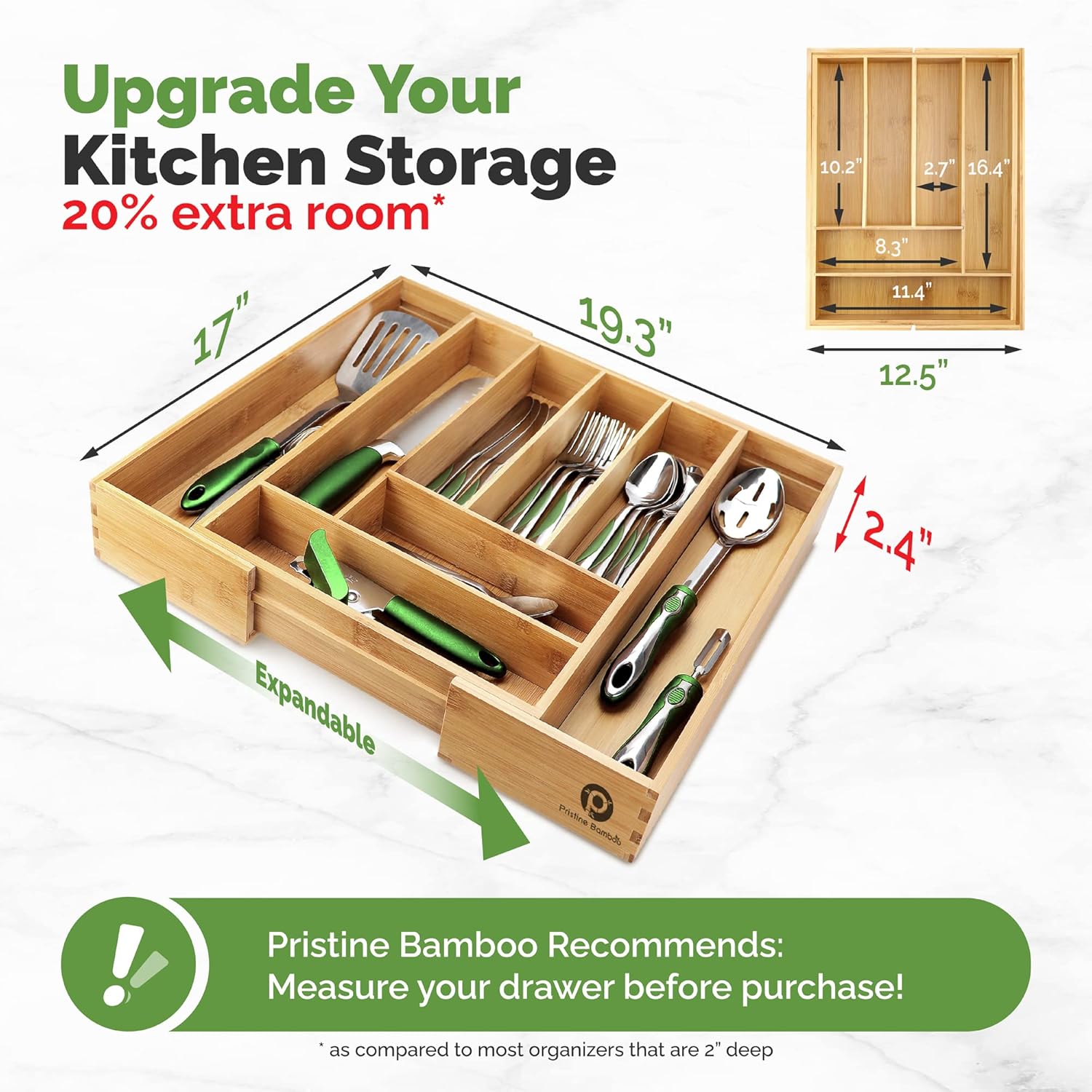 Pristine Bamboo Silverware Tray for Drawer Organizer, Kitchen Drawer Organizer, Cutlery Organizer in Drawer, Flatware Silverware Holder, Expandable Adjustable Wooden Dividers, Natural, 8-Slots