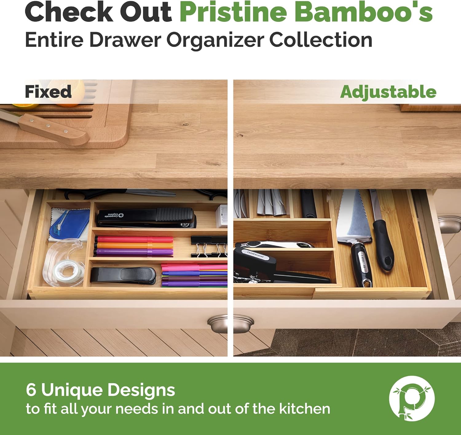Pristine Bamboo Silverware Tray for Drawer Organizer, Kitchen Drawer Organizer, Cutlery Organizer in Drawer, Flatware Silverware Holder, Expandable Adjustable Wooden Dividers, Natural, 8-Slots