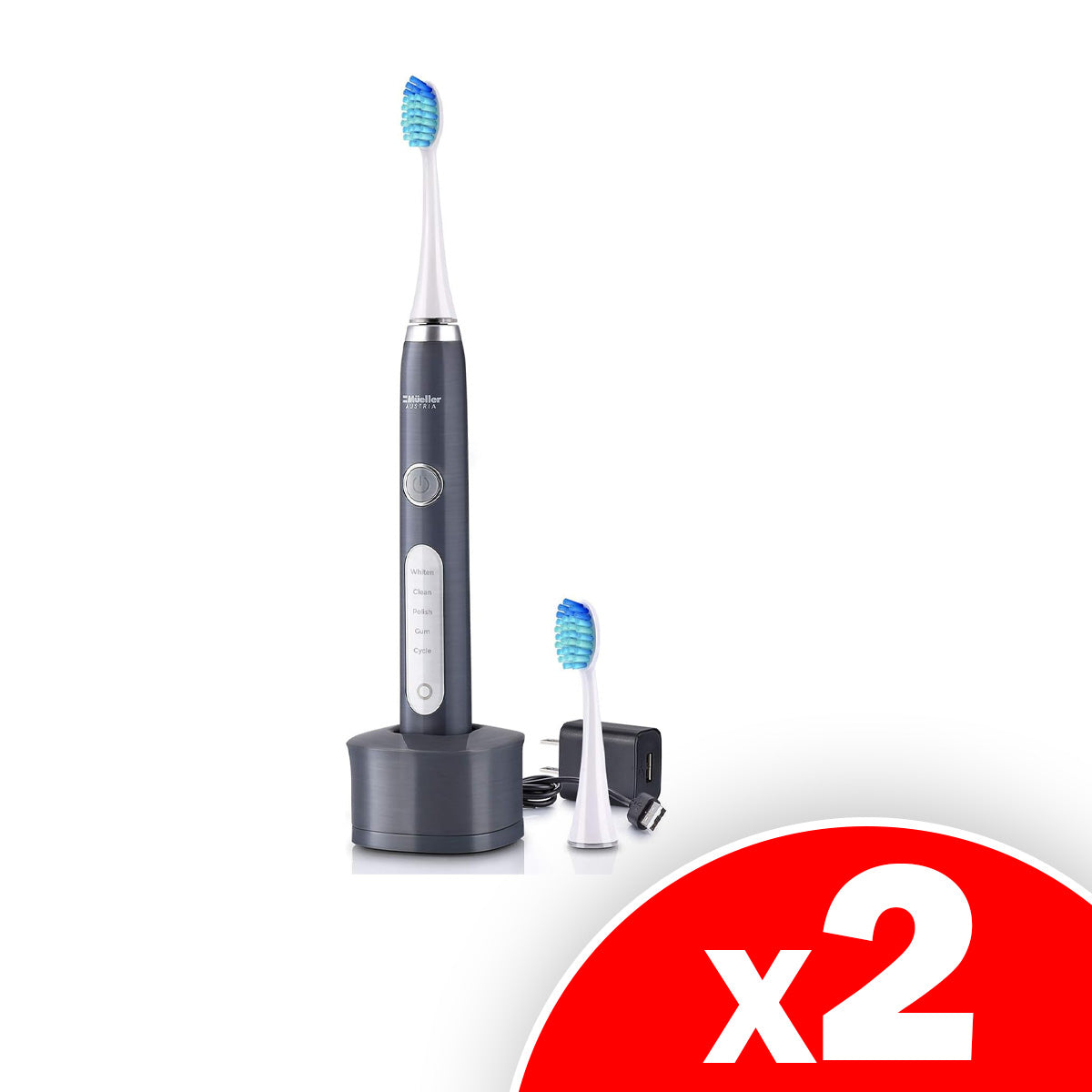 Mueller Sonic Rechargeable Electric Toothbrush with CrossClean Technology, 5 Modes, IPX7 Fully Waterproof, Built-in Auto Timer, 3D Cleaning Action, 2 Pack