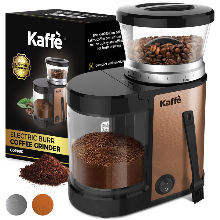 Kaffe Electric Burr Coffee Grinder (5.5oz) w/Adjustable Coarseness Settings - Flat Burr - Precision Coffee Bean Grinder for Home Use - Copper
