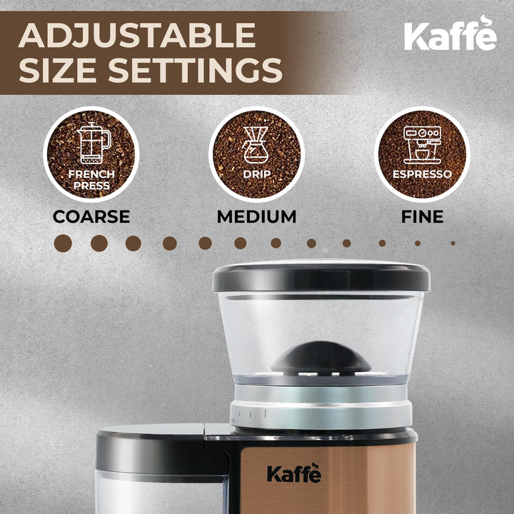 Kaffe Electric Burr Coffee Grinder (5.5oz) w/Adjustable Coarseness Settings - Flat Burr - Precision Coffee Bean Grinder for Home Use - Copper