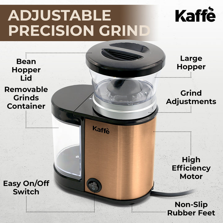 Kaffe Electric Burr Coffee Grinder (5.5oz) w/Adjustable Coarseness Settings - Flat Burr - Precision Coffee Bean Grinder for Home Use - Copper