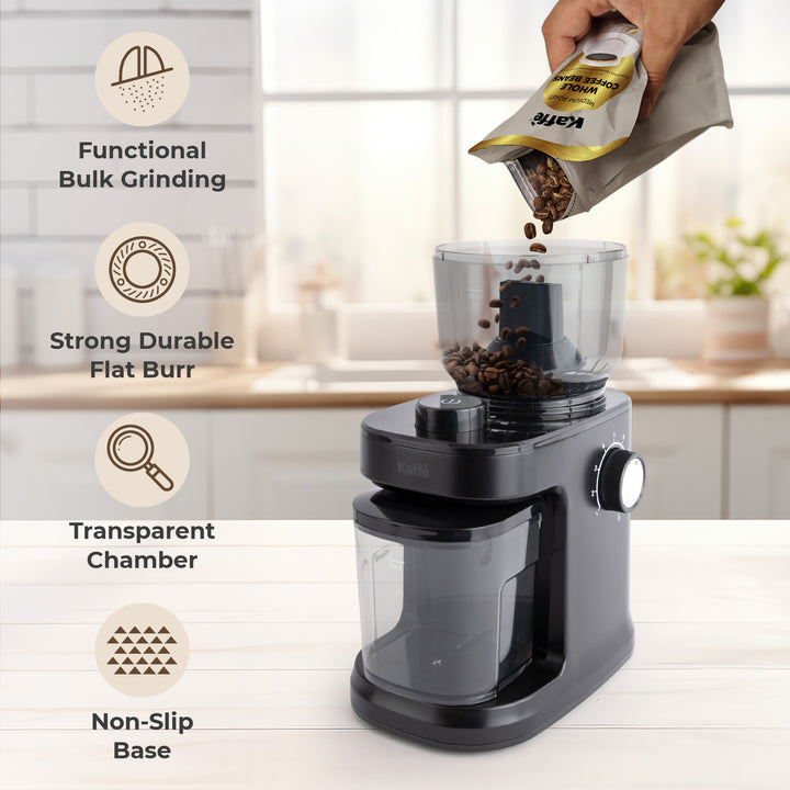 Kaff Electric Burr Coffee Grinder (5.5oz) w/Adjustable Coarseness Settings - Flat Burr - Precision Coffee Bean Grinder for Home Use - Black