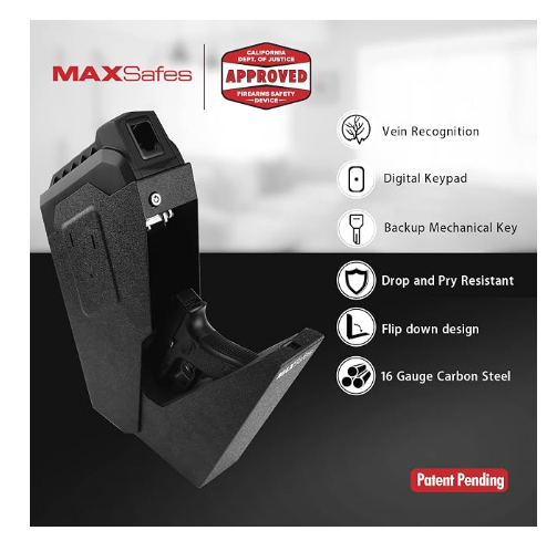 MaxSafes Drop Down Vault with Super Biometric Finger Vein Recognition lock, Fast auto-open Handgun Box, Quick-access Pistol Safe Wall Mounting for Desk Table
