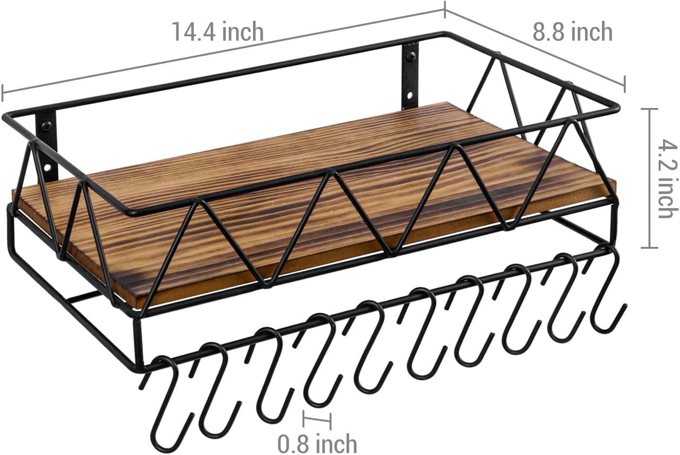 MyGift Hat Rack Wall Mounted, Baseball Caps Holder Organizer, Cowboy Hat Storage Shelf with 10 Removable Hanger Hooks, Rustic Burnt Solid Wood and Matte Black Metal, Entryway Bedroom