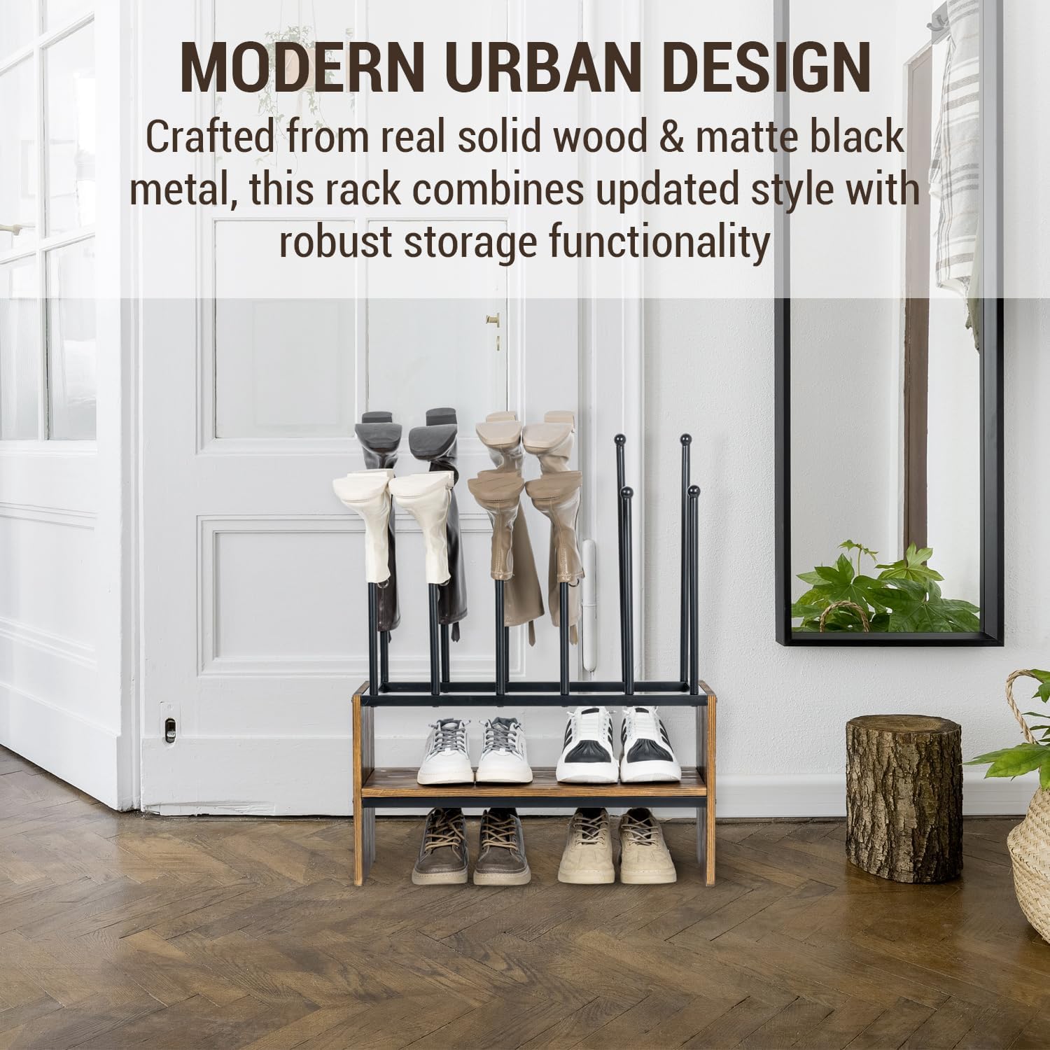 MyGift 2-Tier Boot and Shoe Rack, Urban Industrial Style Burnt Solid Wood and Matte Black Metal Freestanding Boots Holder Entryway Storage Organizer Bench