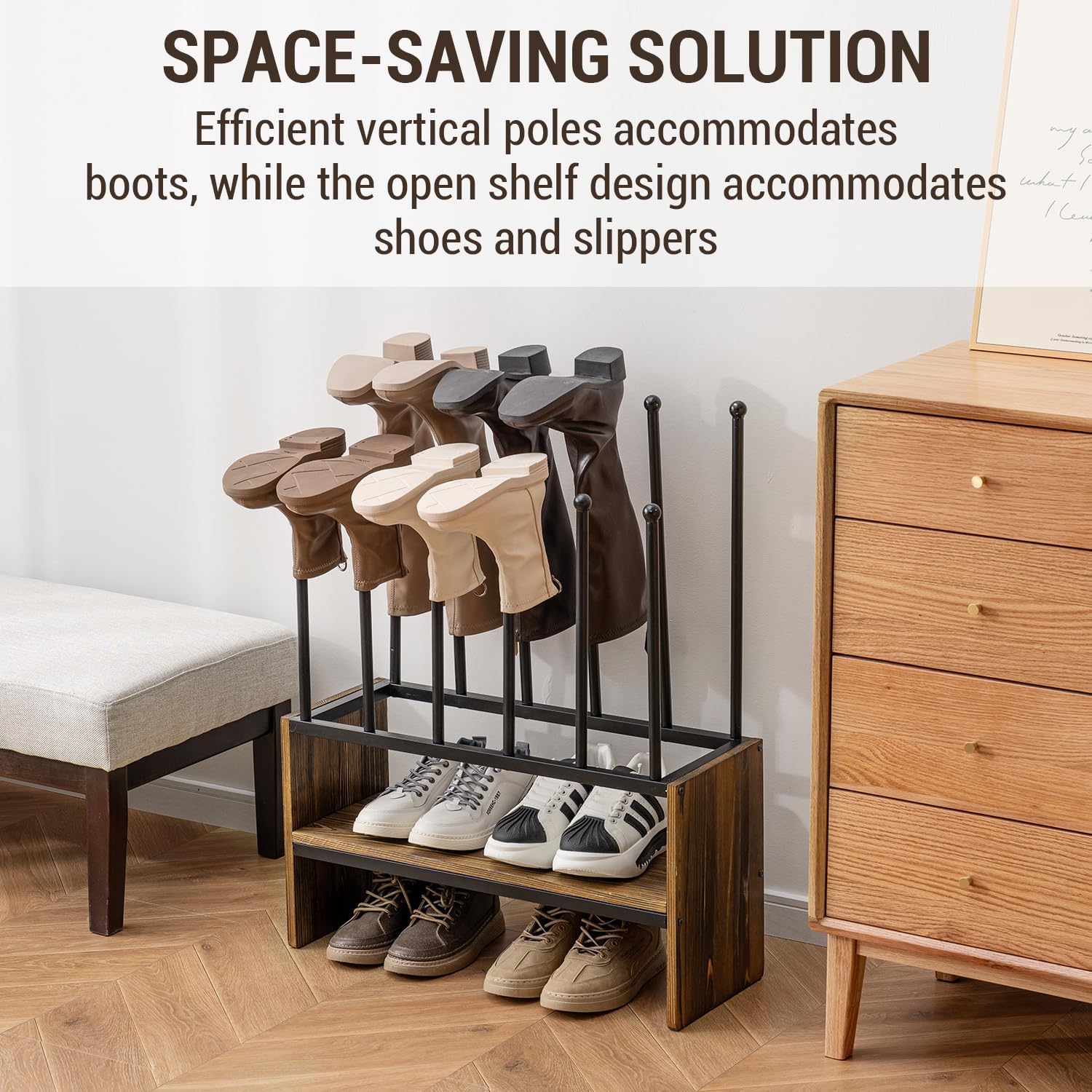 MyGift 2-Tier Boot and Shoe Rack, Urban Industrial Style Burnt Solid Wood and Matte Black Metal Freestanding Boots Holder Entryway Storage Organizer Bench