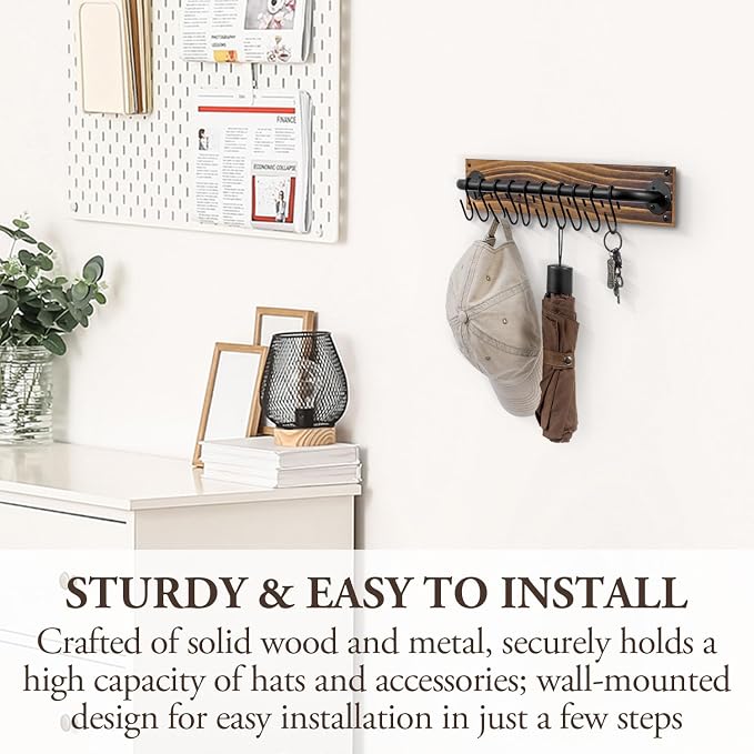 MyGift Hat Rack for Baseball Cap Hanger with 10 Hooks, Deluxe Urban Industrial Burnt Solid Wood and Matte Black Metal Pipe Wall Mounted Cap Holder Organizer Hat Display Rack, Set of 2