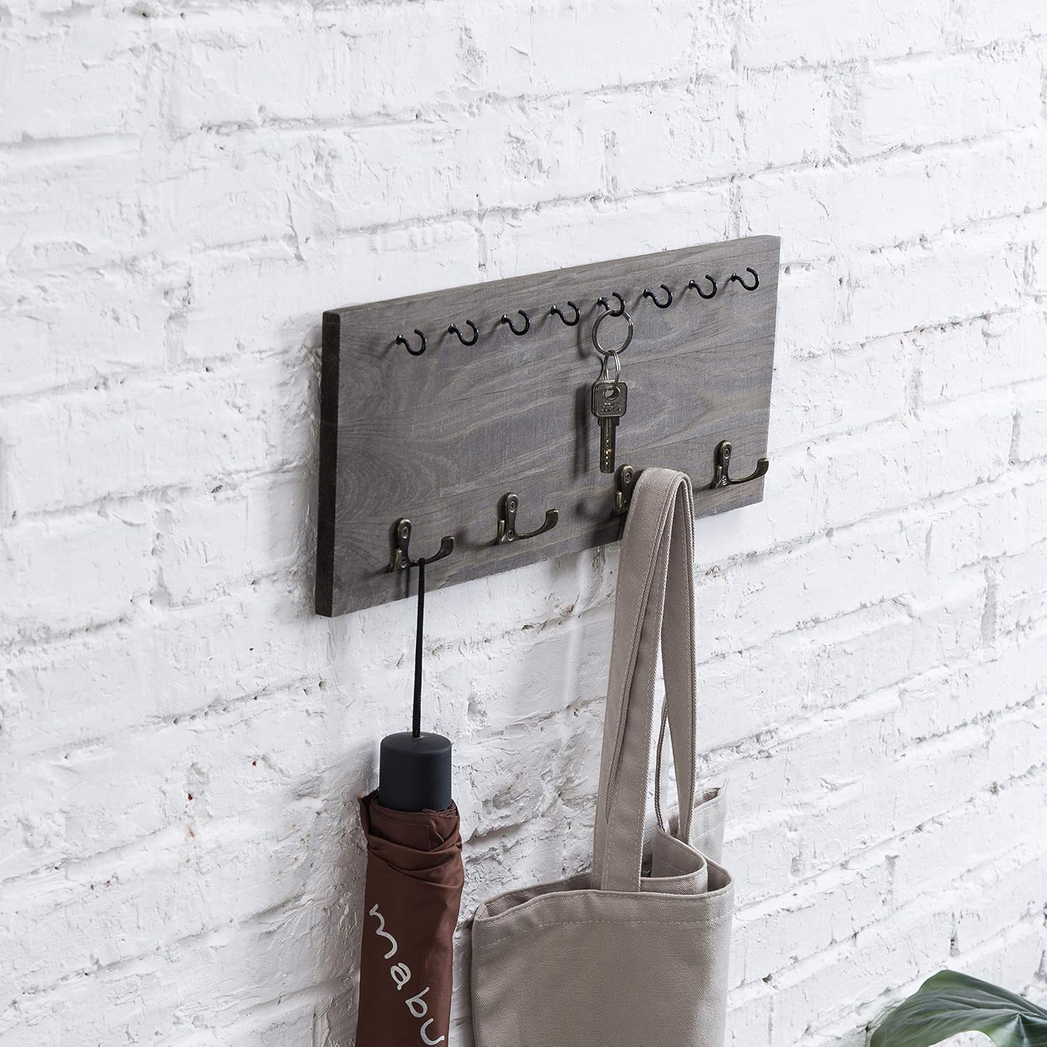 MyGift Wall Mounted Key Hooks Wooden Key Rack Organizer in Vintage Gray Finish, Entryway Hanging Key Holder with 8 Keychain Hooks and 4 Dual-Hooks