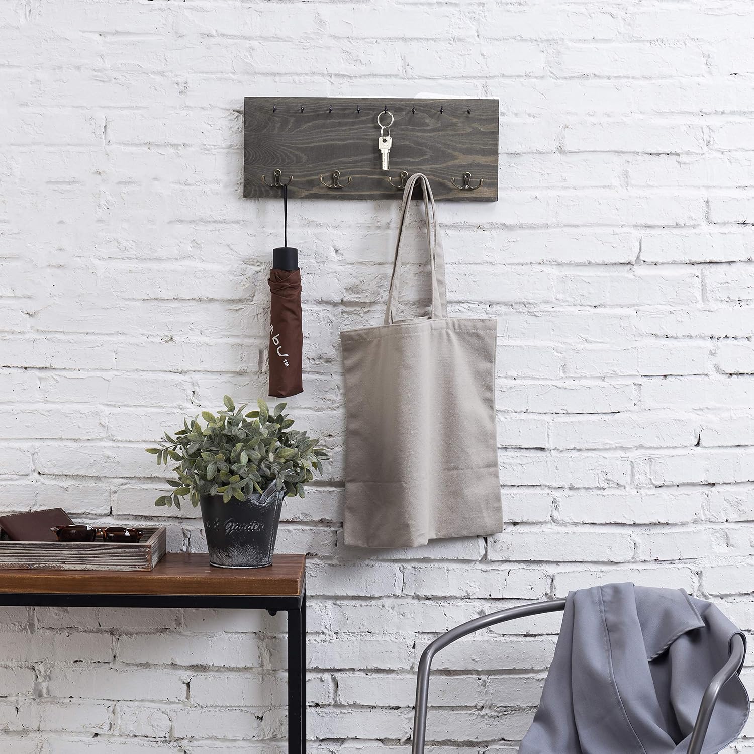 MyGift Wall Mounted Key Hooks Wooden Key Rack Organizer in Vintage Gray Finish, Entryway Hanging Key Holder with 8 Keychain Hooks and 4 Dual-Hooks