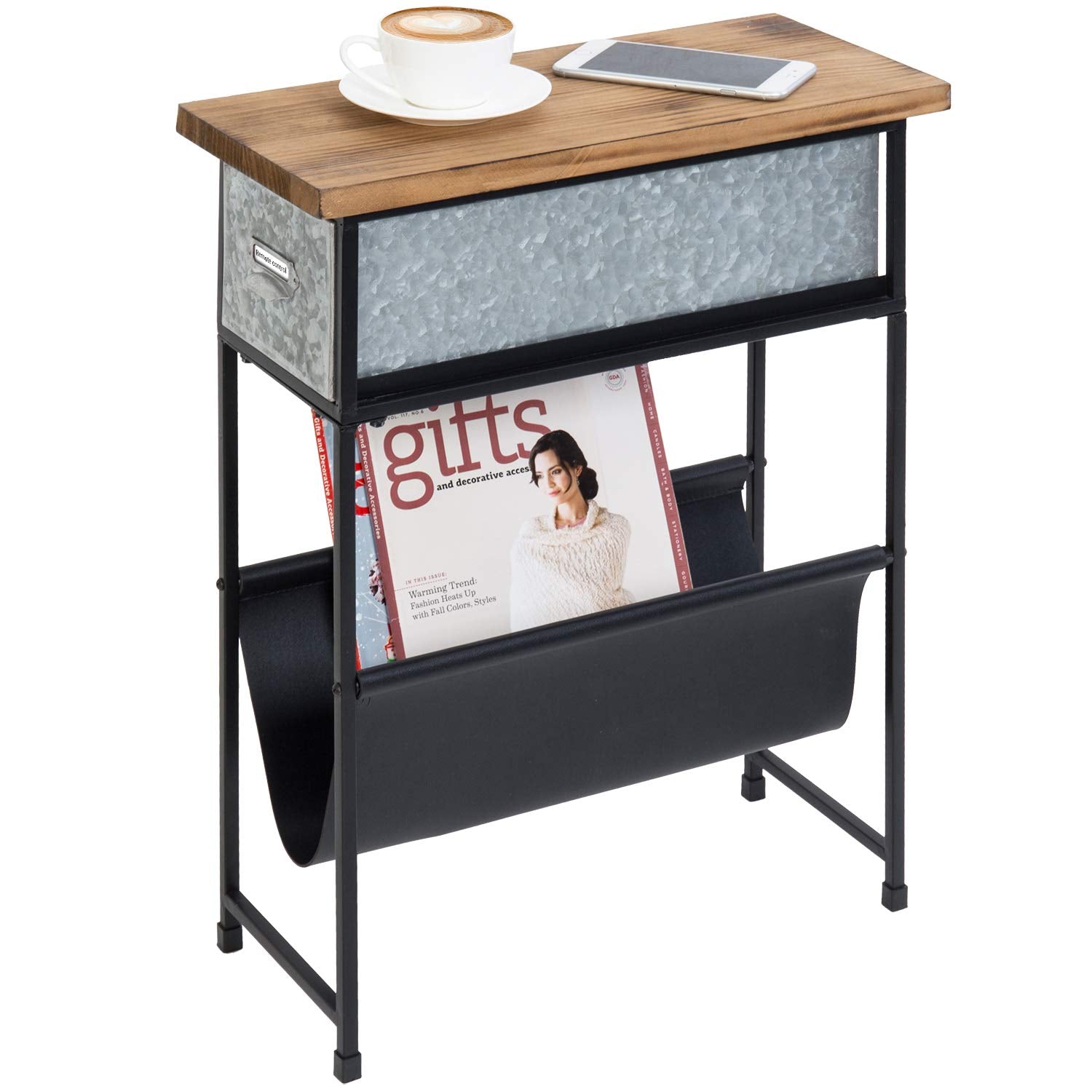 MyGift Rustic Solid Wood and Metal Narrow Small End Table, Side Table, Night Stand, Bedside Table with Silver Galvanized Drawer and Leatherette Sling Magazine Holder