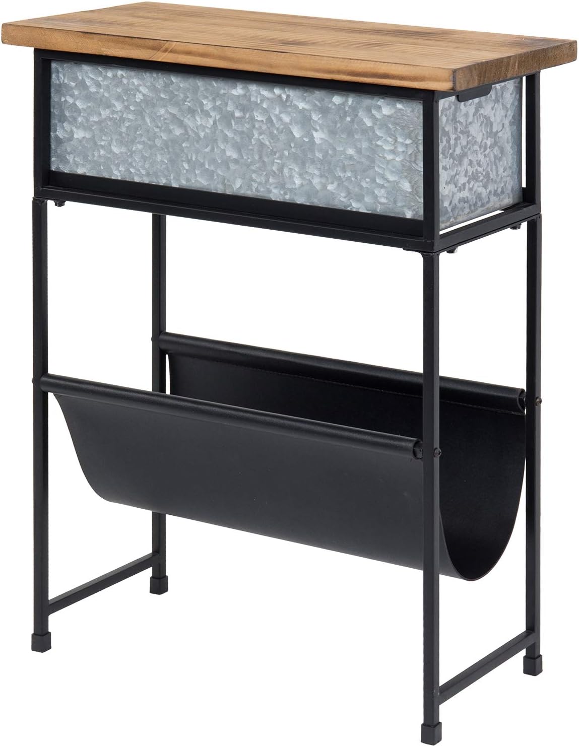 MyGift Rustic Solid Wood and Metal Narrow Small End Table, Side Table, Night Stand, Bedside Table with Silver Galvanized Drawer and Leatherette Sling Magazine Holder