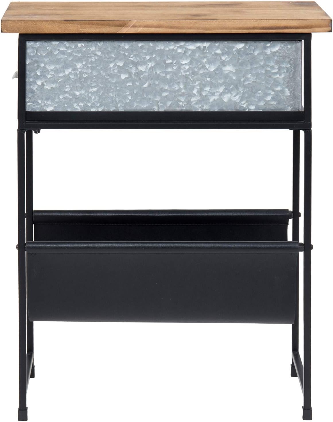 MyGift Rustic Solid Wood and Metal Narrow Small End Table, Side Table, Night Stand, Bedside Table with Silver Galvanized Drawer and Leatherette Sling Magazine Holder