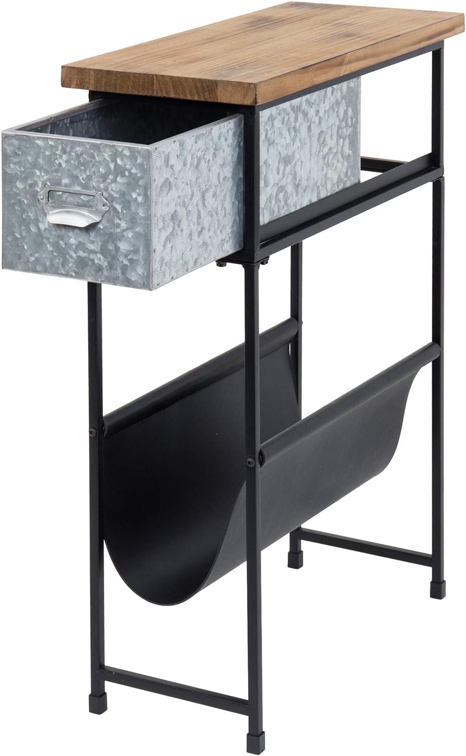 MyGift Rustic Solid Wood and Metal Narrow Small End Table, Side Table, Night Stand, Bedside Table with Silver Galvanized Drawer and Leatherette Sling Magazine Holder