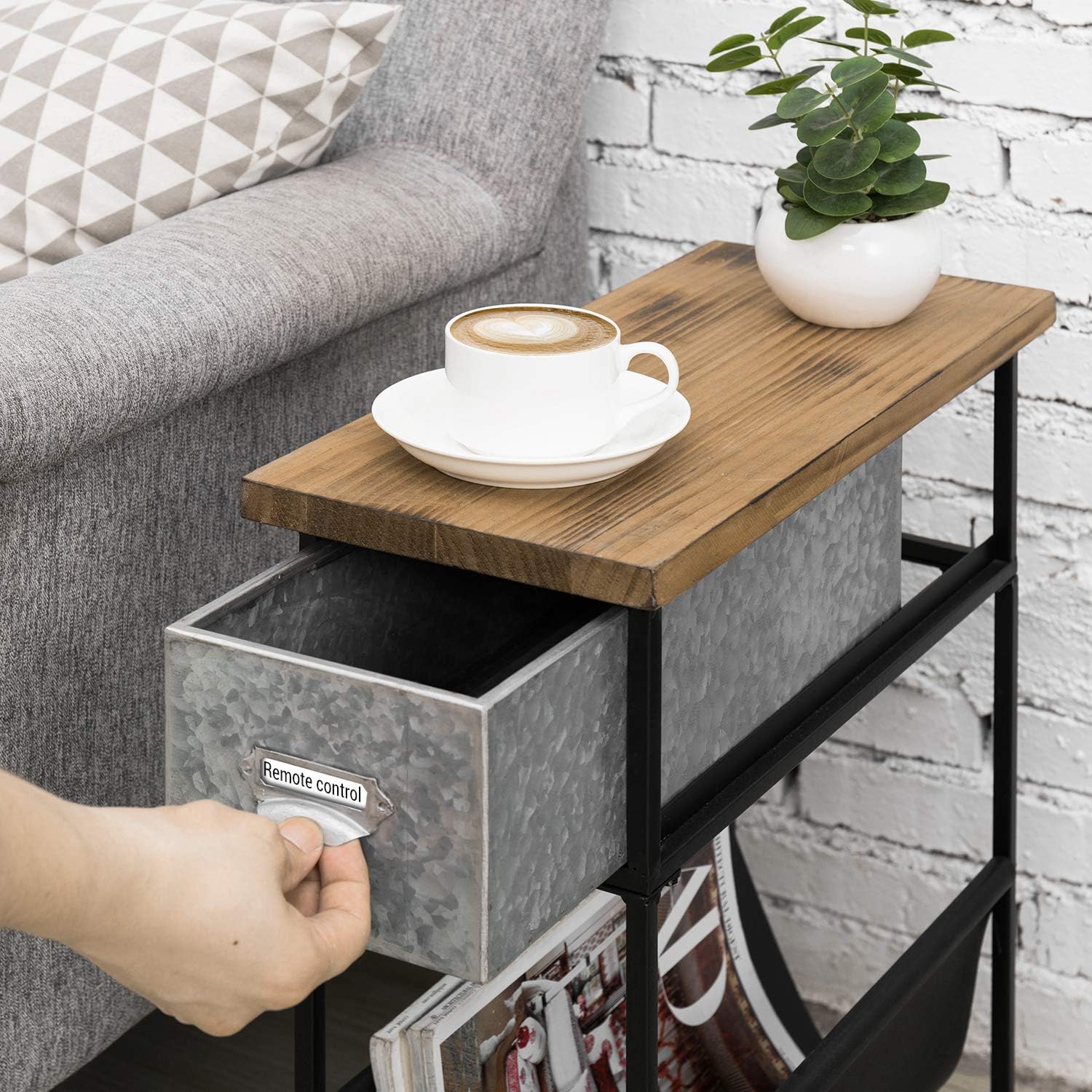 MyGift Rustic Solid Wood and Metal Narrow Small End Table, Side Table, Night Stand, Bedside Table with Silver Galvanized Drawer and Leatherette Sling Magazine Holder