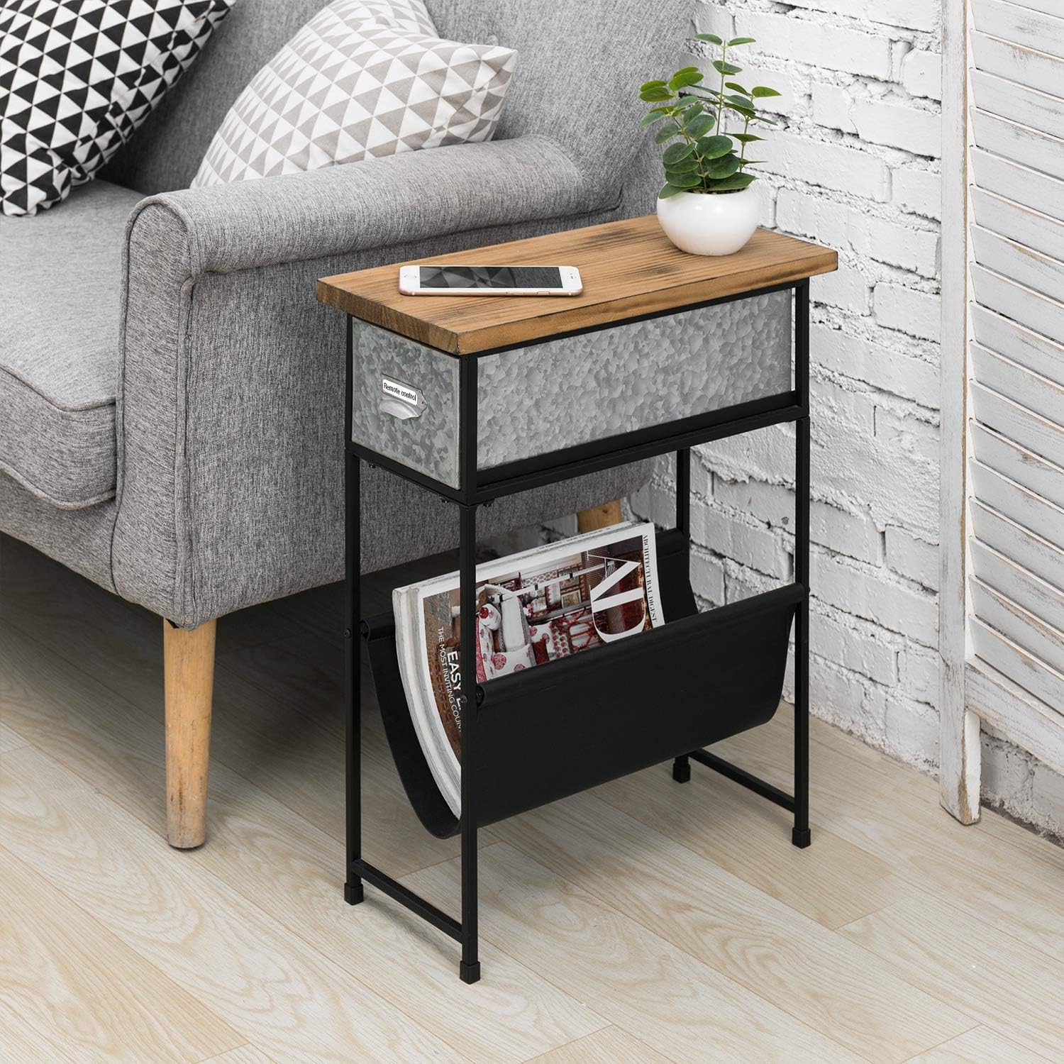MyGift Rustic Solid Wood and Metal Narrow Small End Table, Side Table, Night Stand, Bedside Table with Silver Galvanized Drawer and Leatherette Sling Magazine Holder