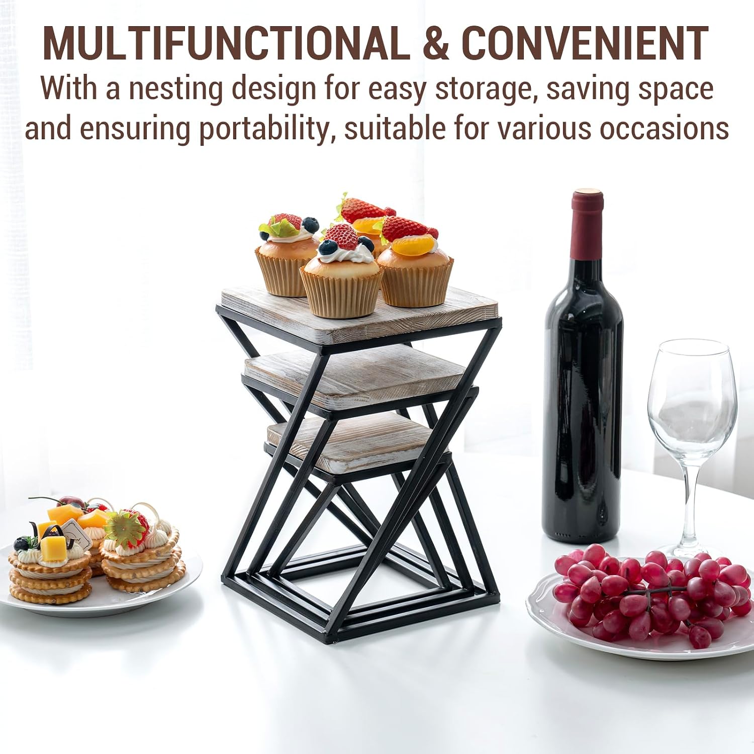 MyGift Shabby White Washed Solid Wood Square Tiered Food Display Table Risers with Twisting Black Metal Base, Wooden Nesting Dessert Holder Cupcake Tray Cake Stand, 3 Piece Set