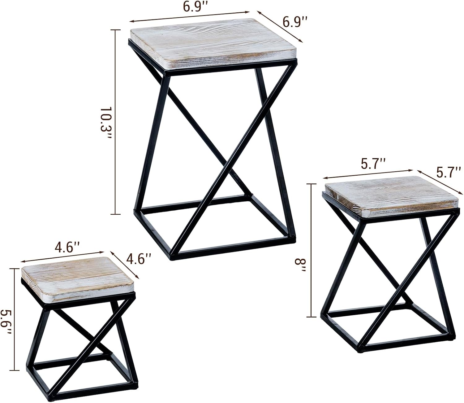 MyGift Shabby White Washed Solid Wood Square Tiered Food Display Table Risers with Twisting Black Metal Base, Wooden Nesting Dessert Holder Cupcake Tray Cake Stand, 3 Piece Set