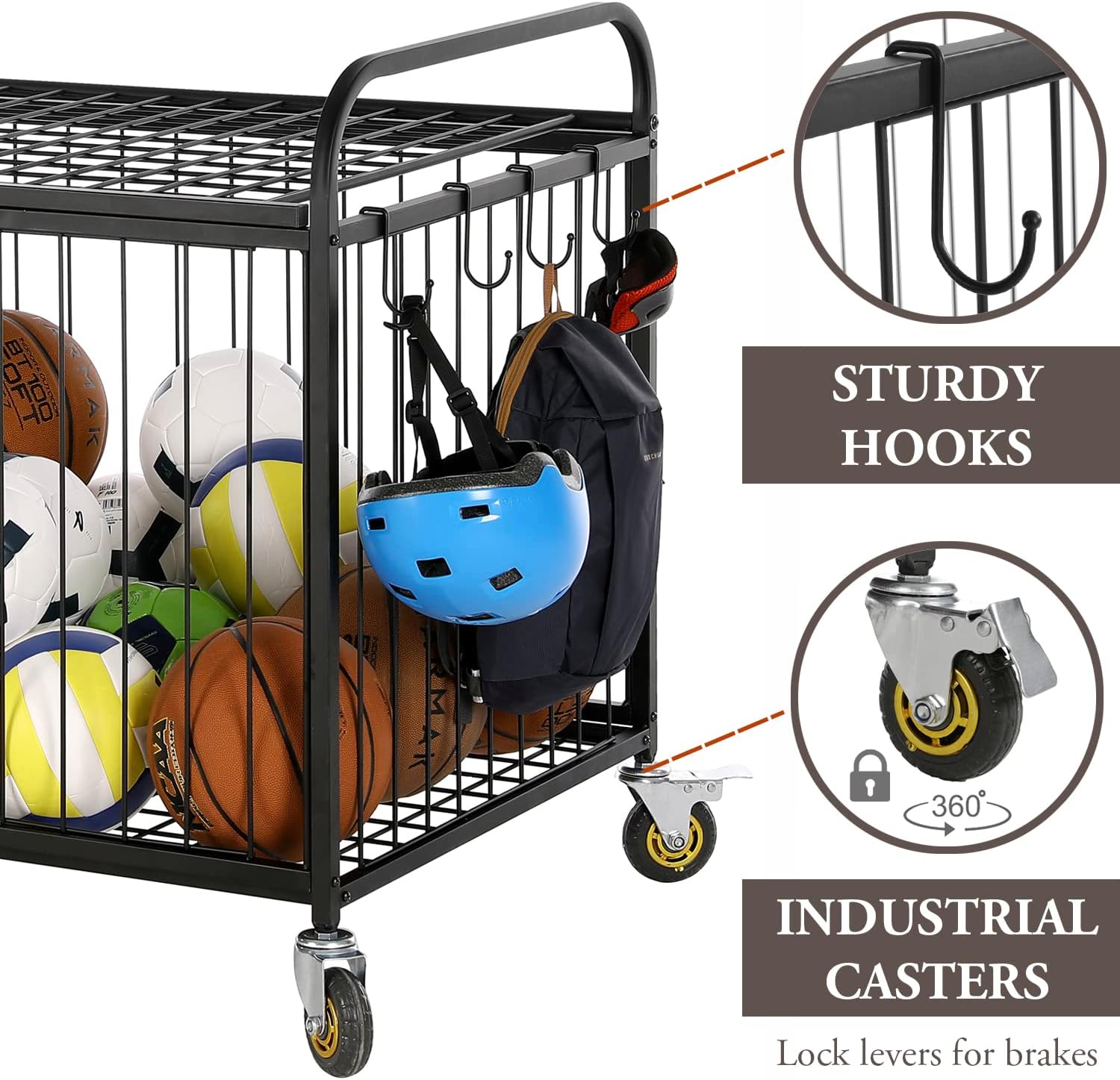 MyGift Large Capacity Metal Rolling Multi Sports Ball Cage Storage Hopper, Gym Equipment Basket Cart with Lockable Latch, Heavy Duty Caster Wheels, and 8 Accessory Hooks Black