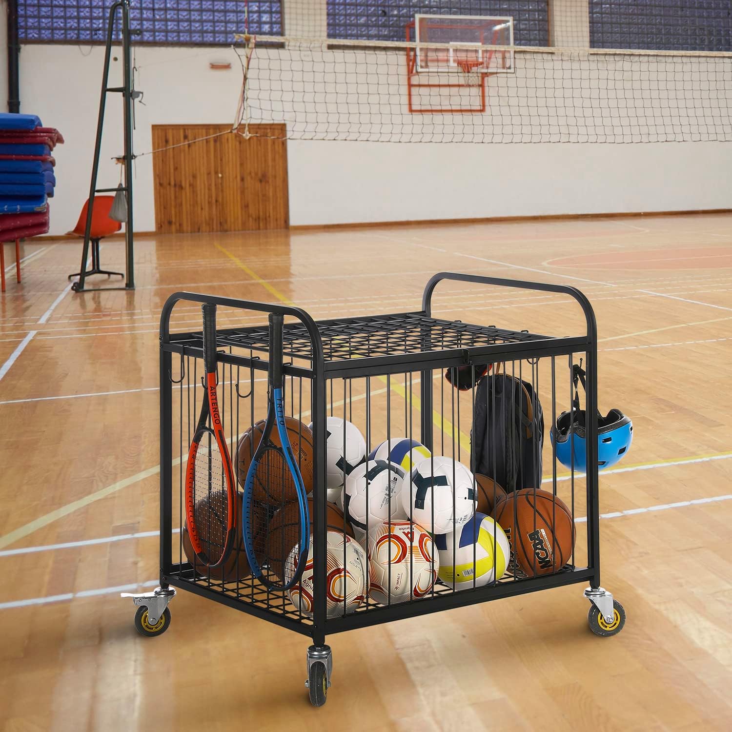 MyGift Large Capacity Metal Rolling Multi Sports Ball Cage Storage Hopper, Gym Equipment Basket Cart with Lockable Latch, Heavy Duty Caster Wheels, and 8 Accessory Hooks Black