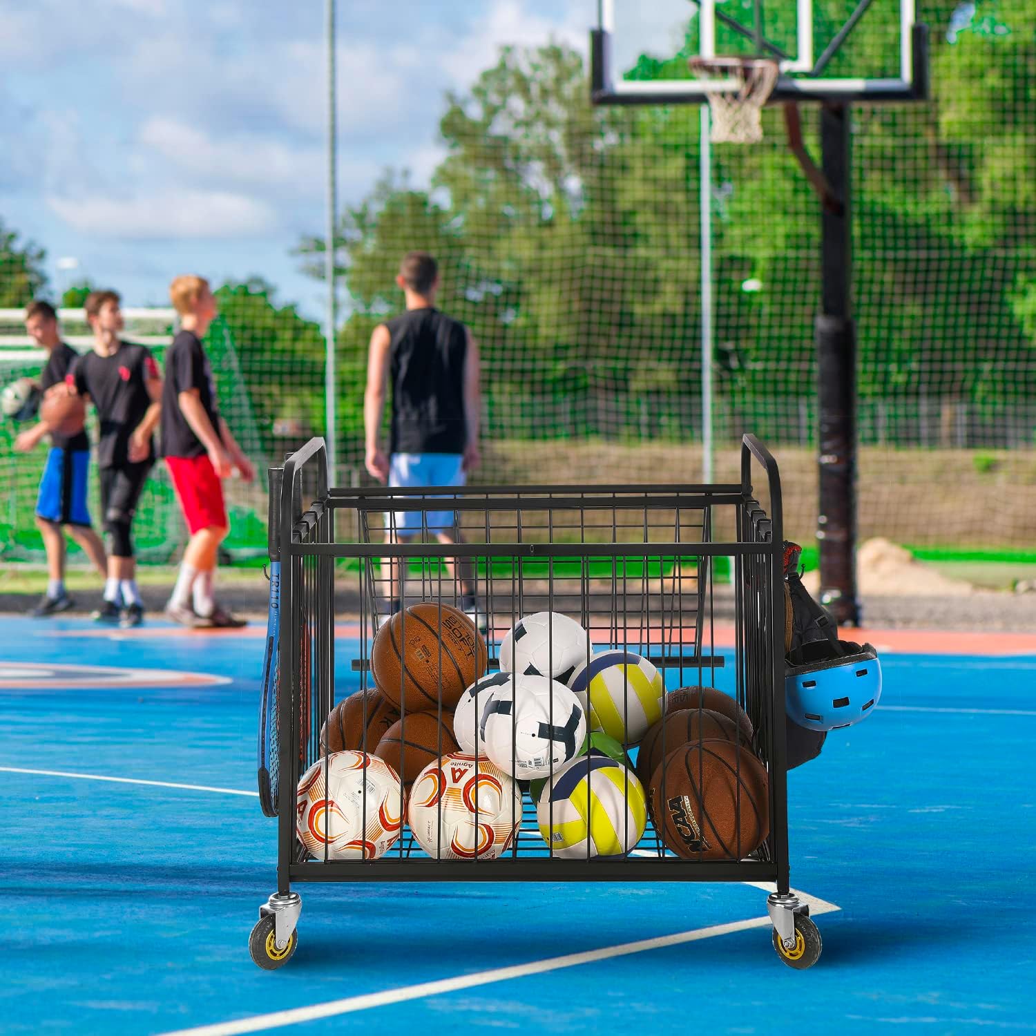 MyGift Large Capacity Metal Rolling Multi Sports Ball Cage Storage Hopper, Gym Equipment Basket Cart with Lockable Latch, Heavy Duty Caster Wheels, and 8 Accessory Hooks Black